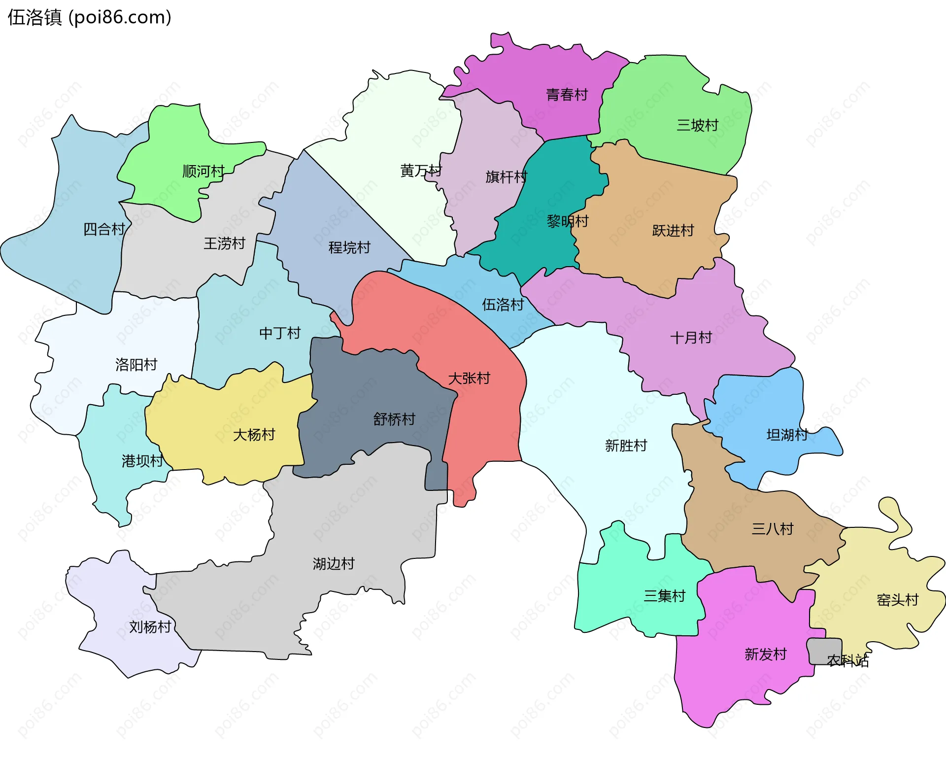 伍洛镇边界地图(五级行政区划)