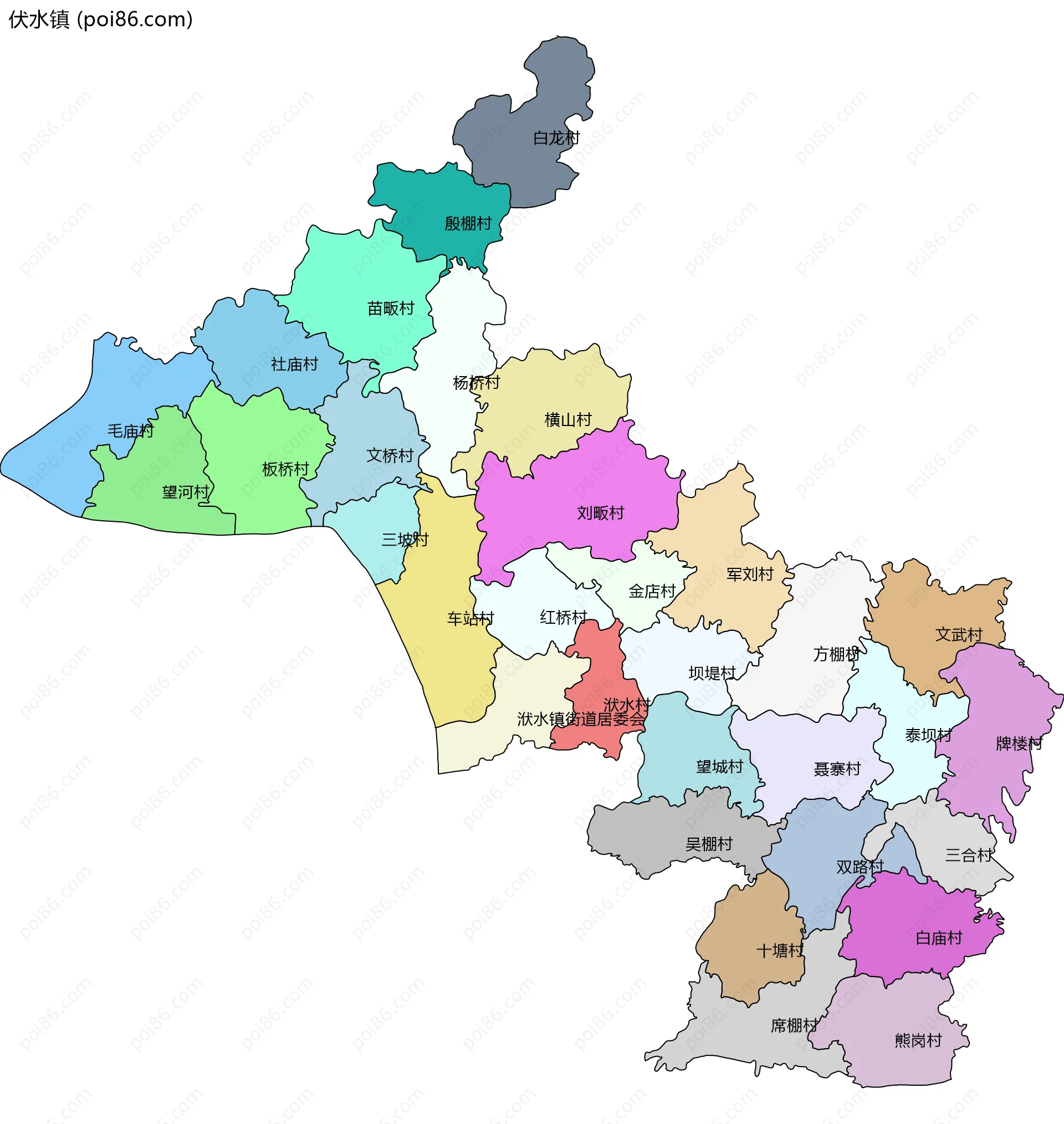 伏水镇边界地图(五级行政区划)