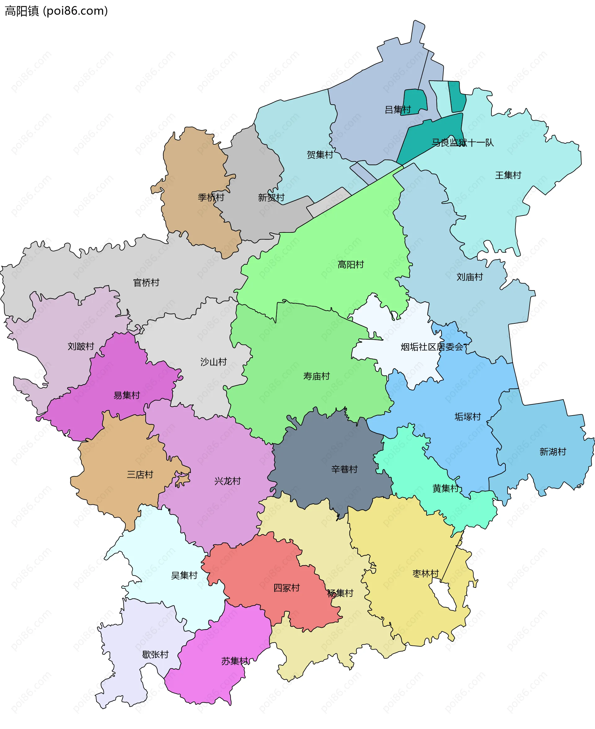 高阳镇边界地图(五级行政区划)