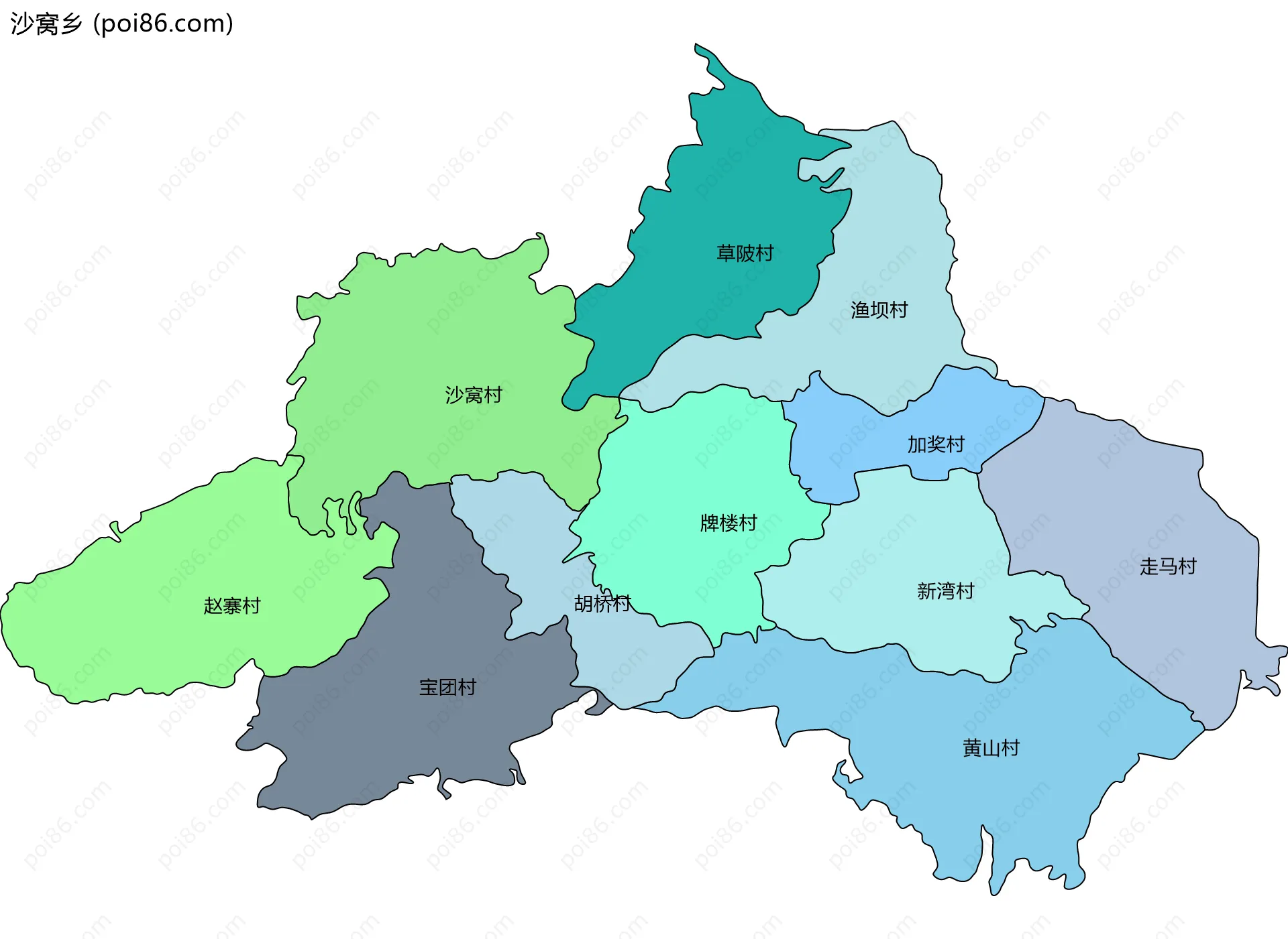 沙窝乡边界地图(五级行政区划)
