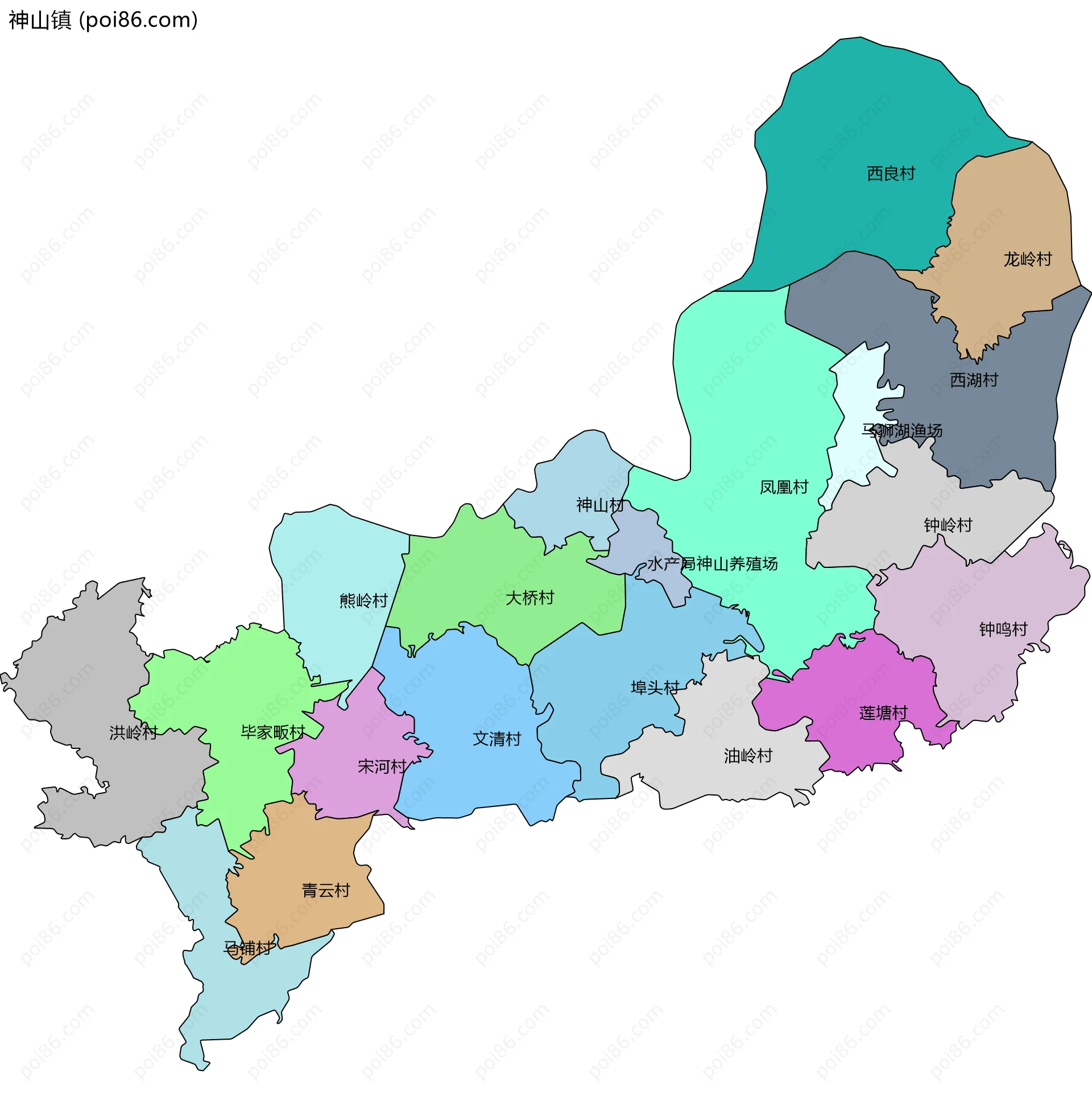 神山镇边界地图(五级行政区划)