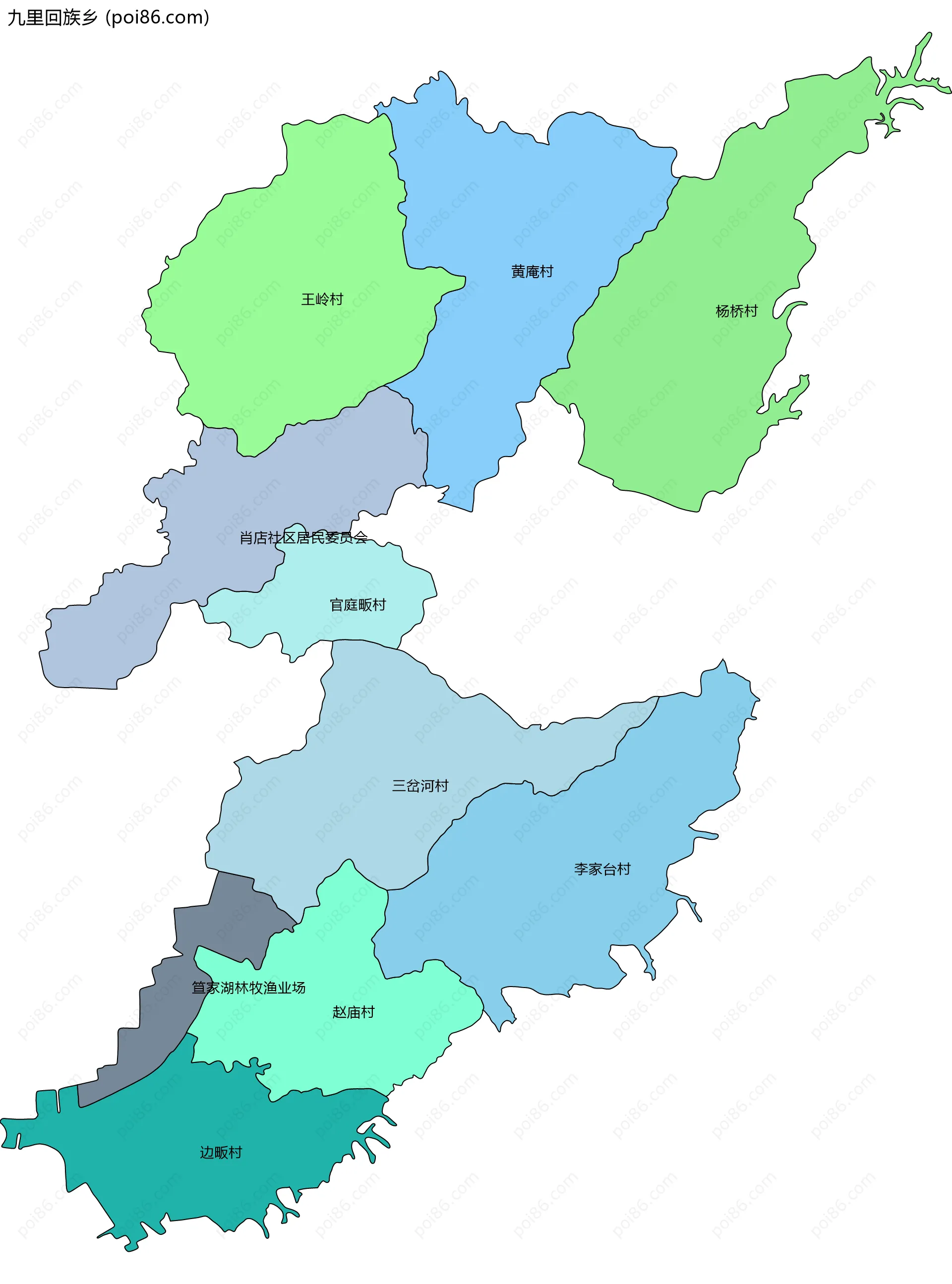 九里回族乡边界地图(五级行政区划)