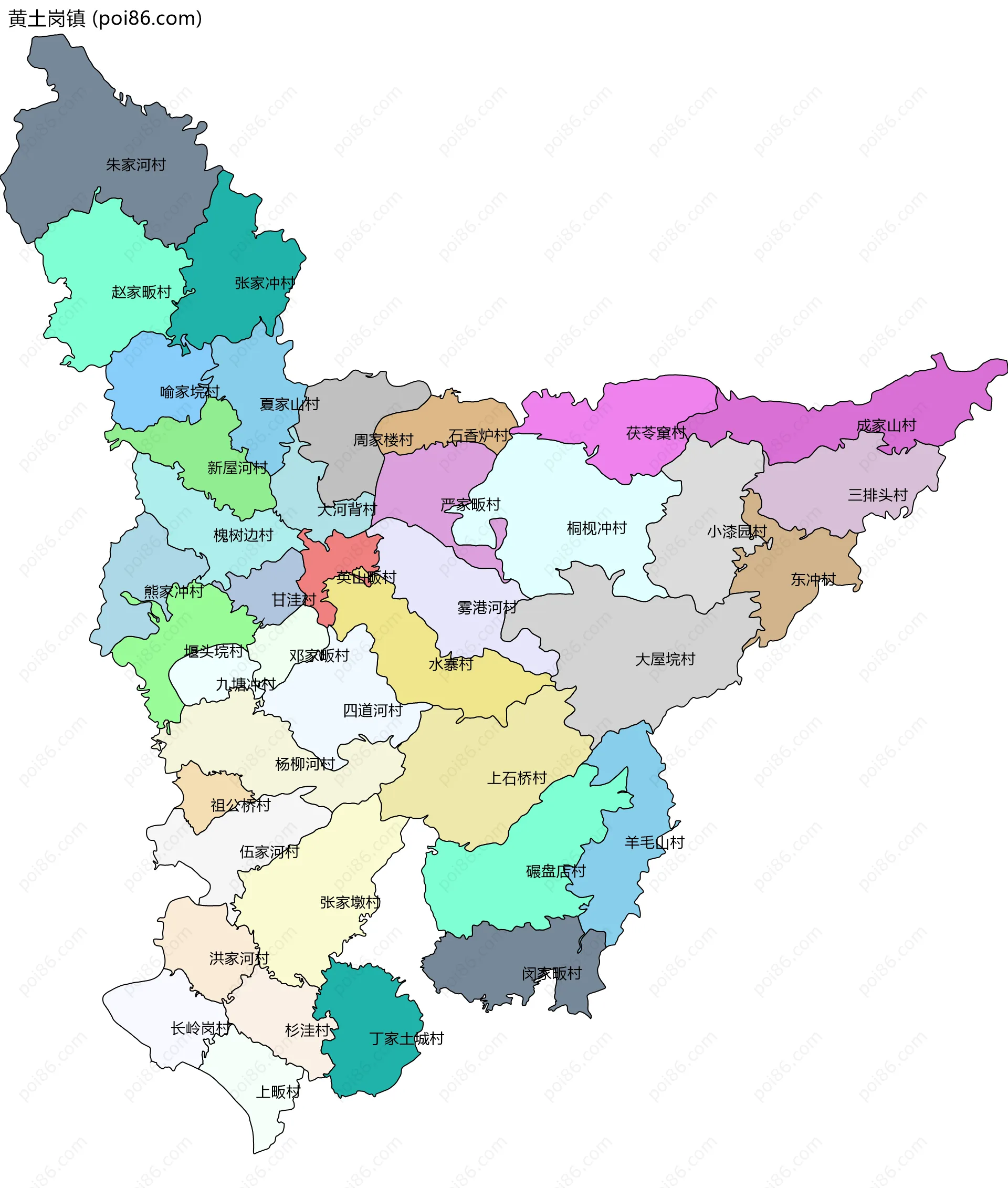 黄土岗镇边界地图(五级行政区划)