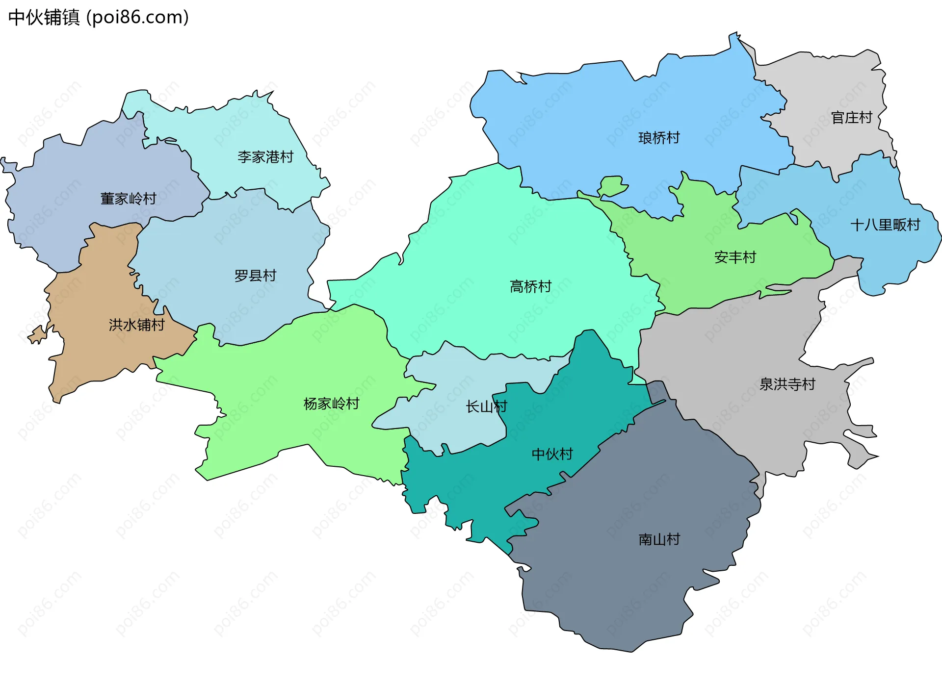 中伙铺镇边界地图(五级行政区划)
