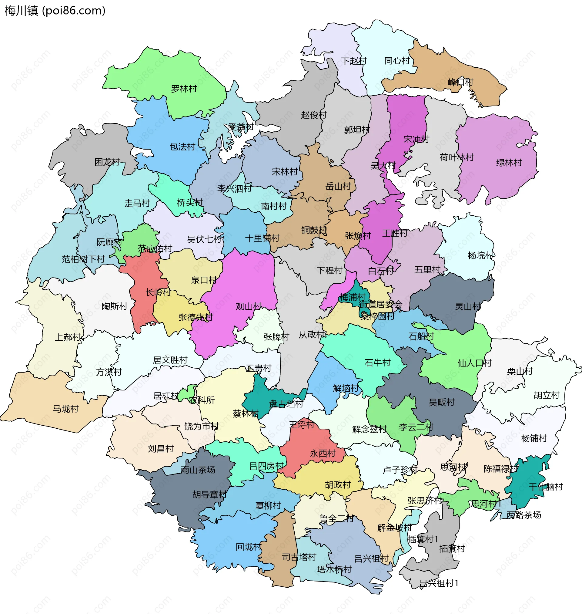 梅川镇边界地图(五级行政区划)