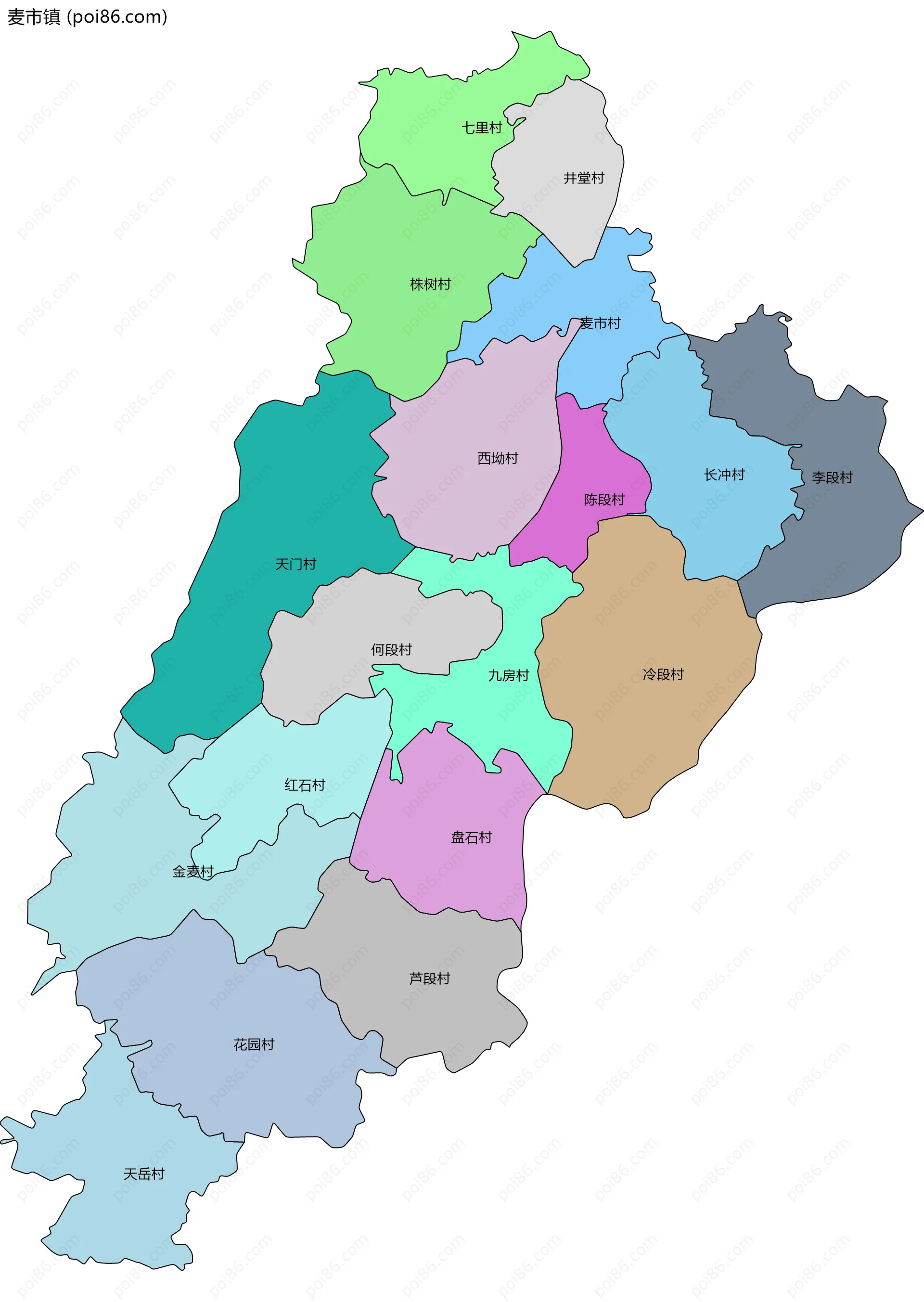 麦市镇边界地图(五级行政区划)