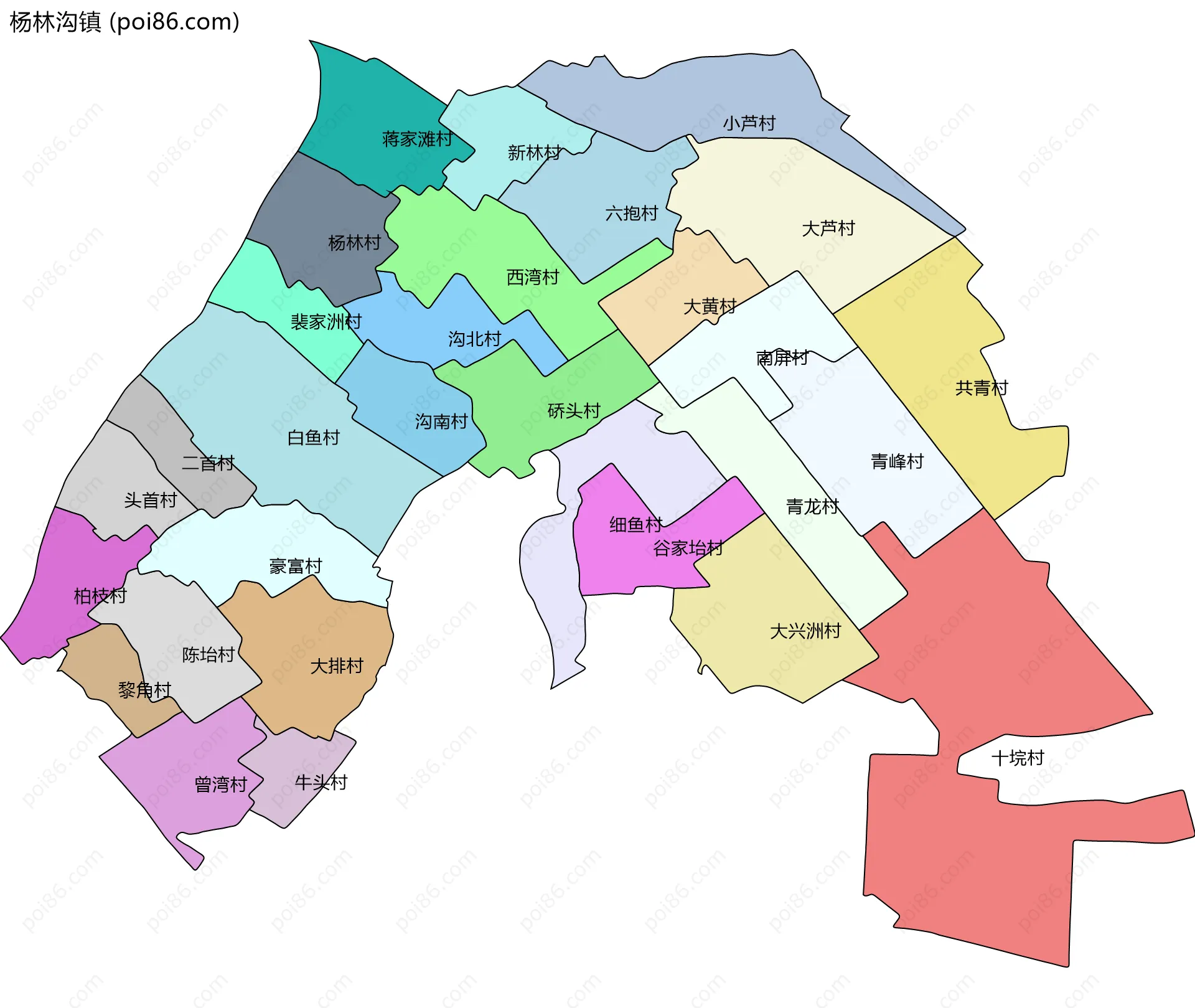 杨林沟镇边界地图(五级行政区划)