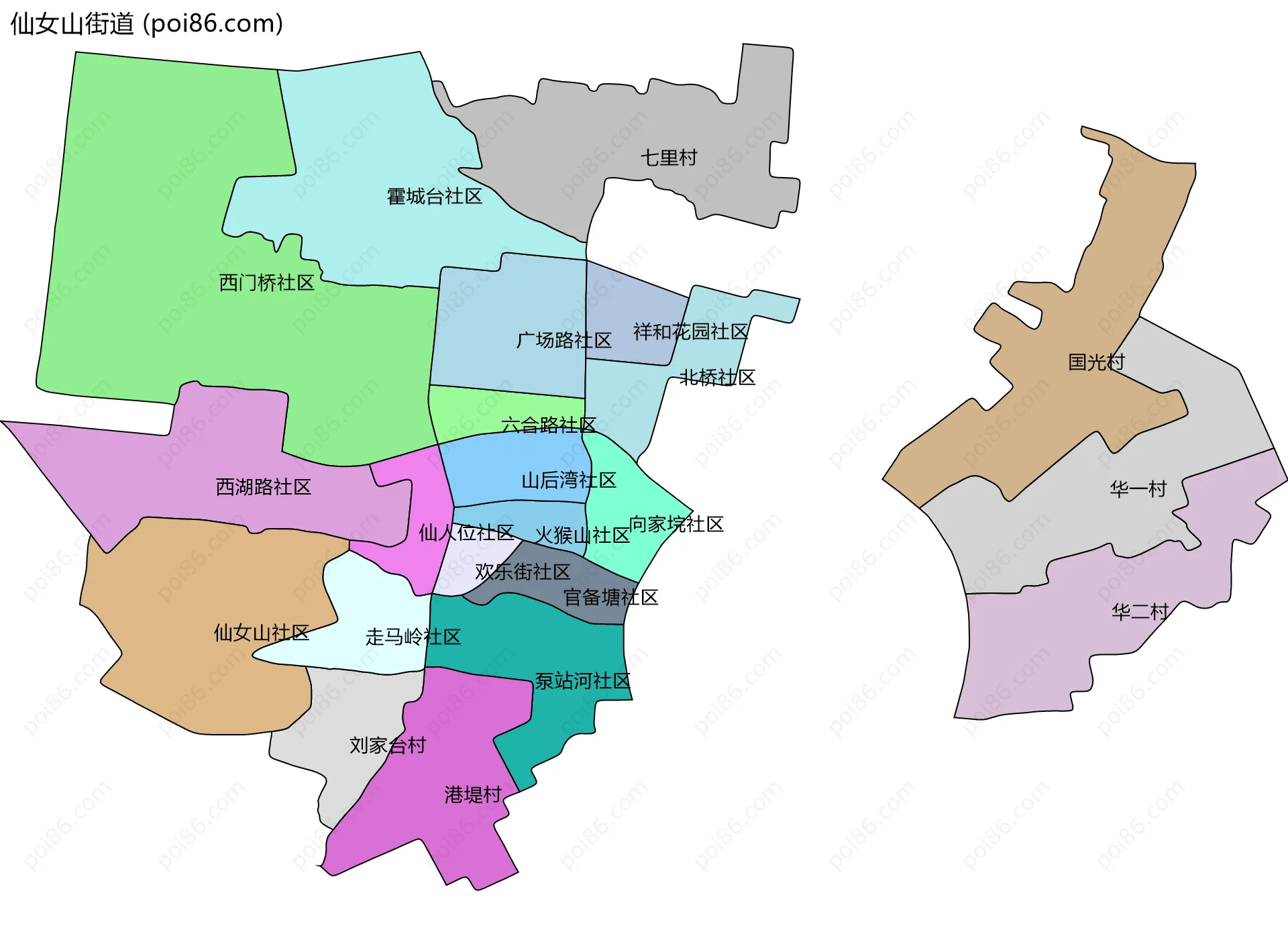 仙女山街道边界地图(五级行政区划)