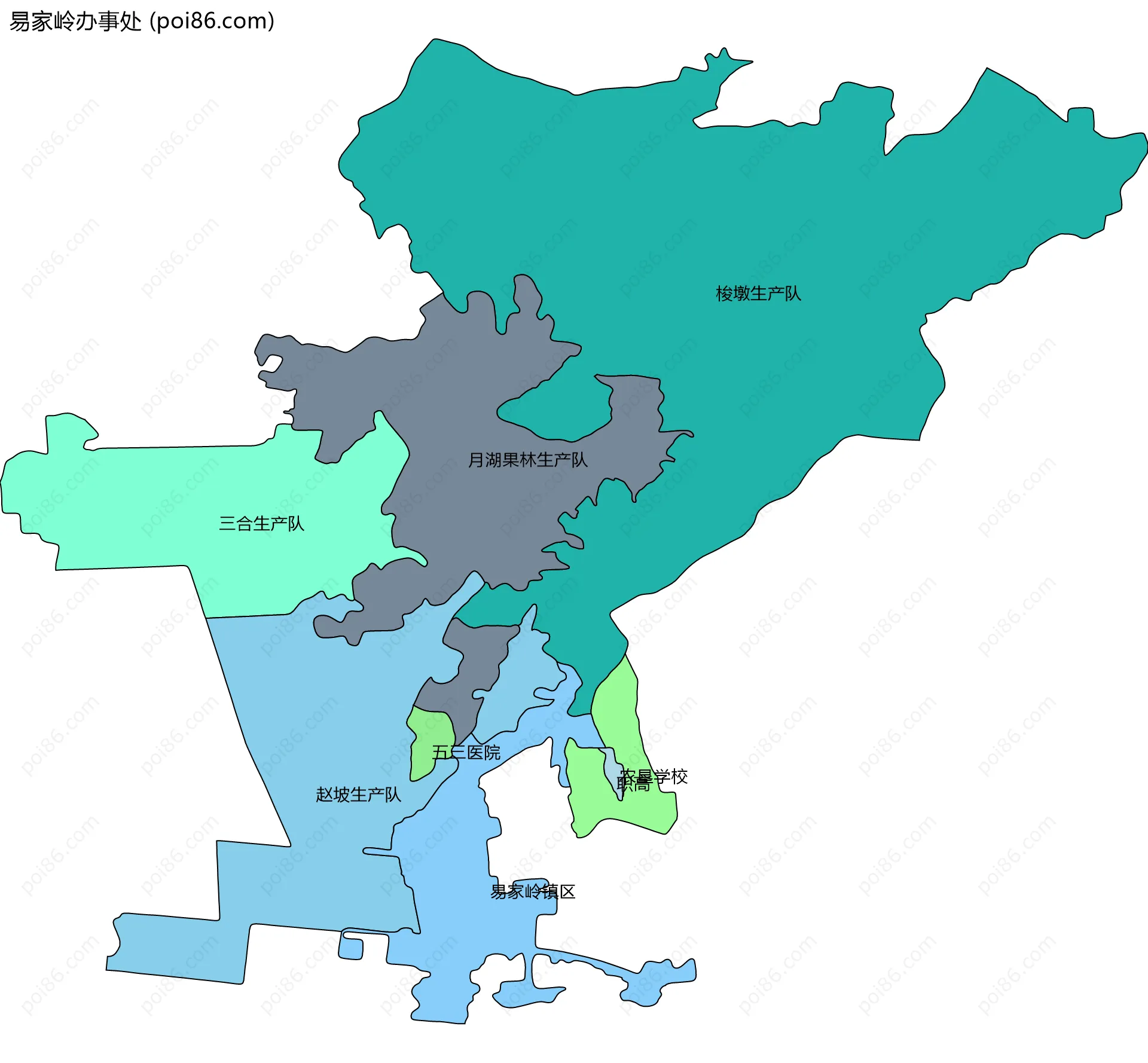 易家岭办事处边界地图(五级行政区划)