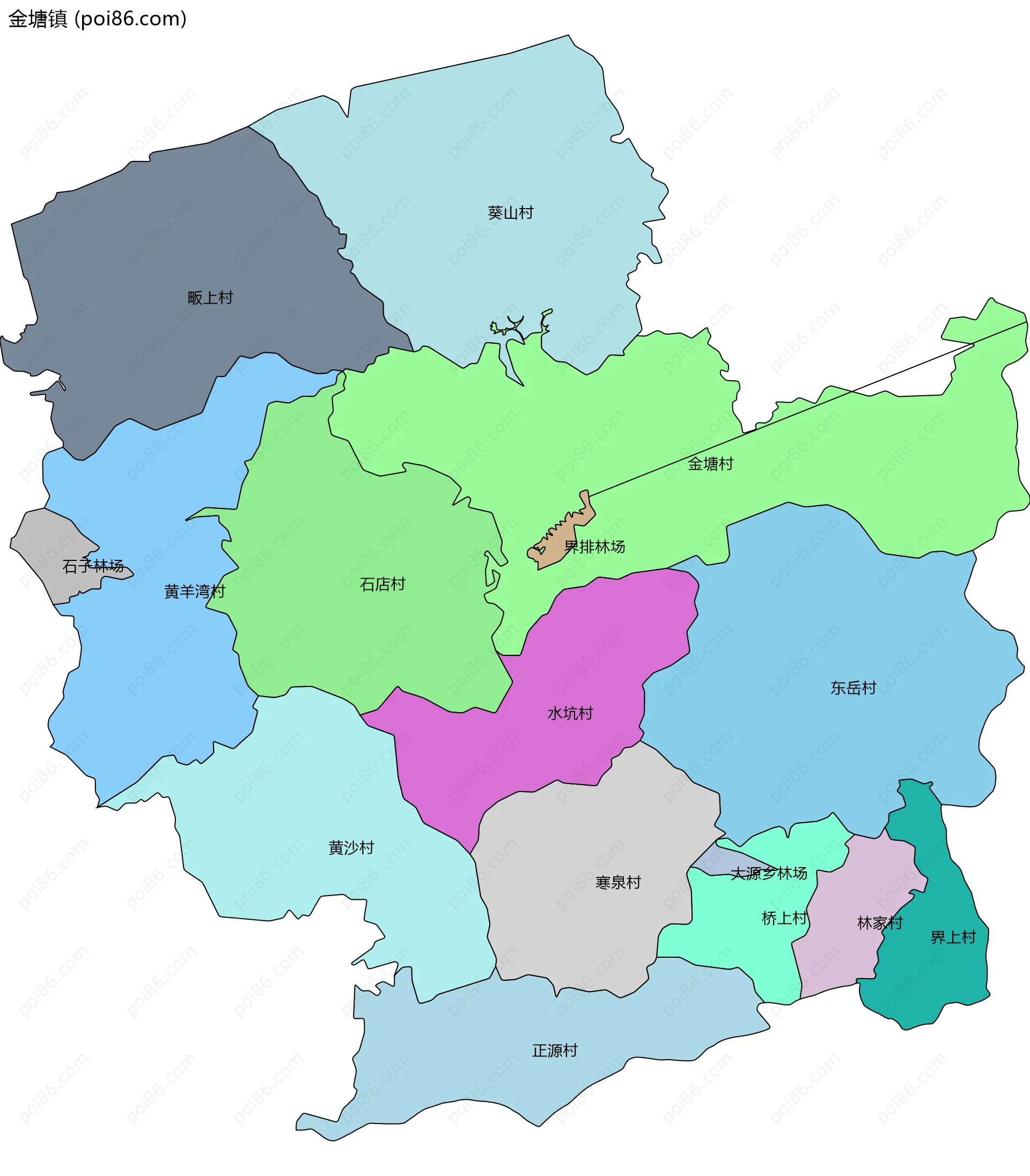 金塘镇边界地图(五级行政区划)