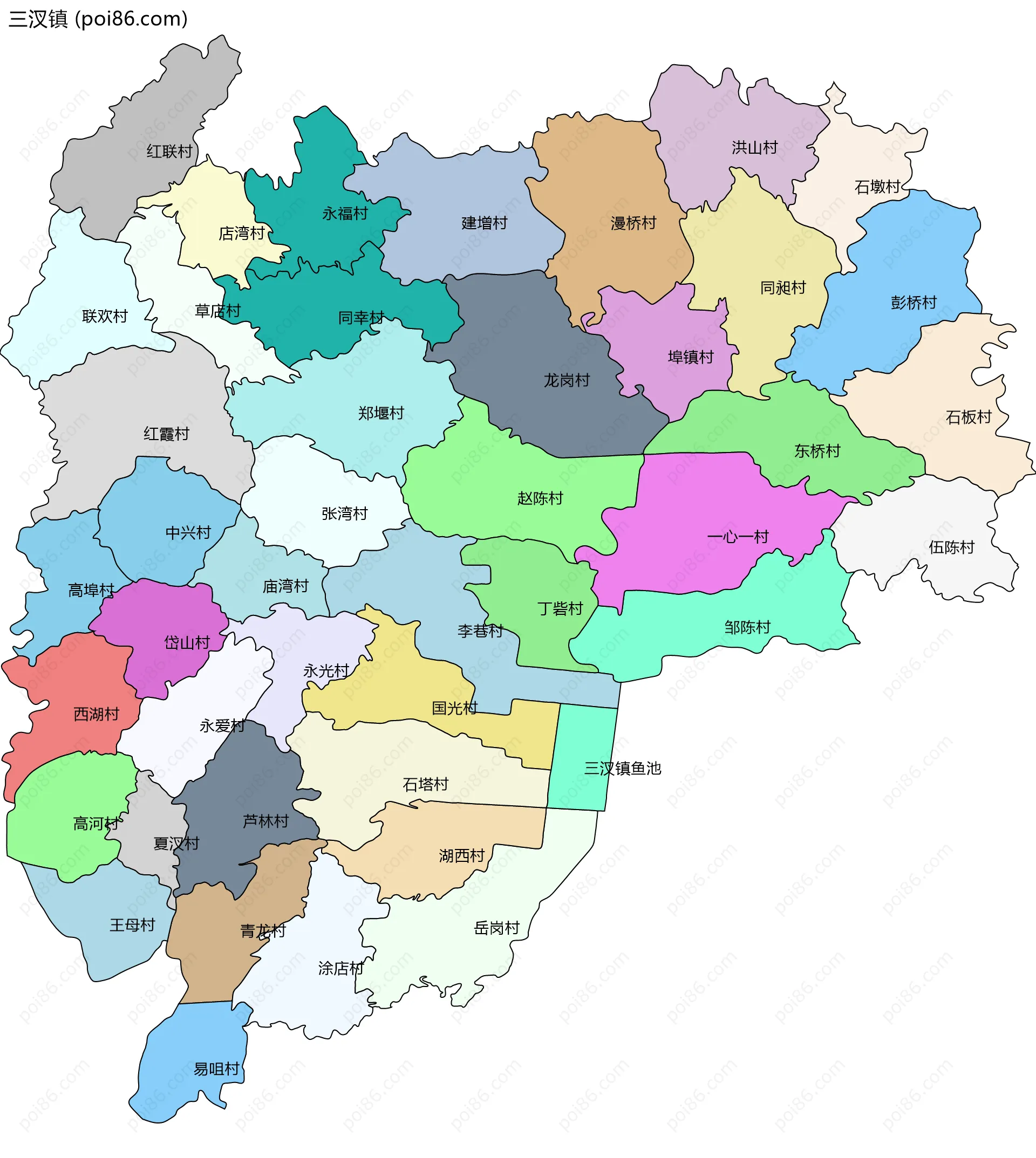 三汊镇边界地图(五级行政区划)