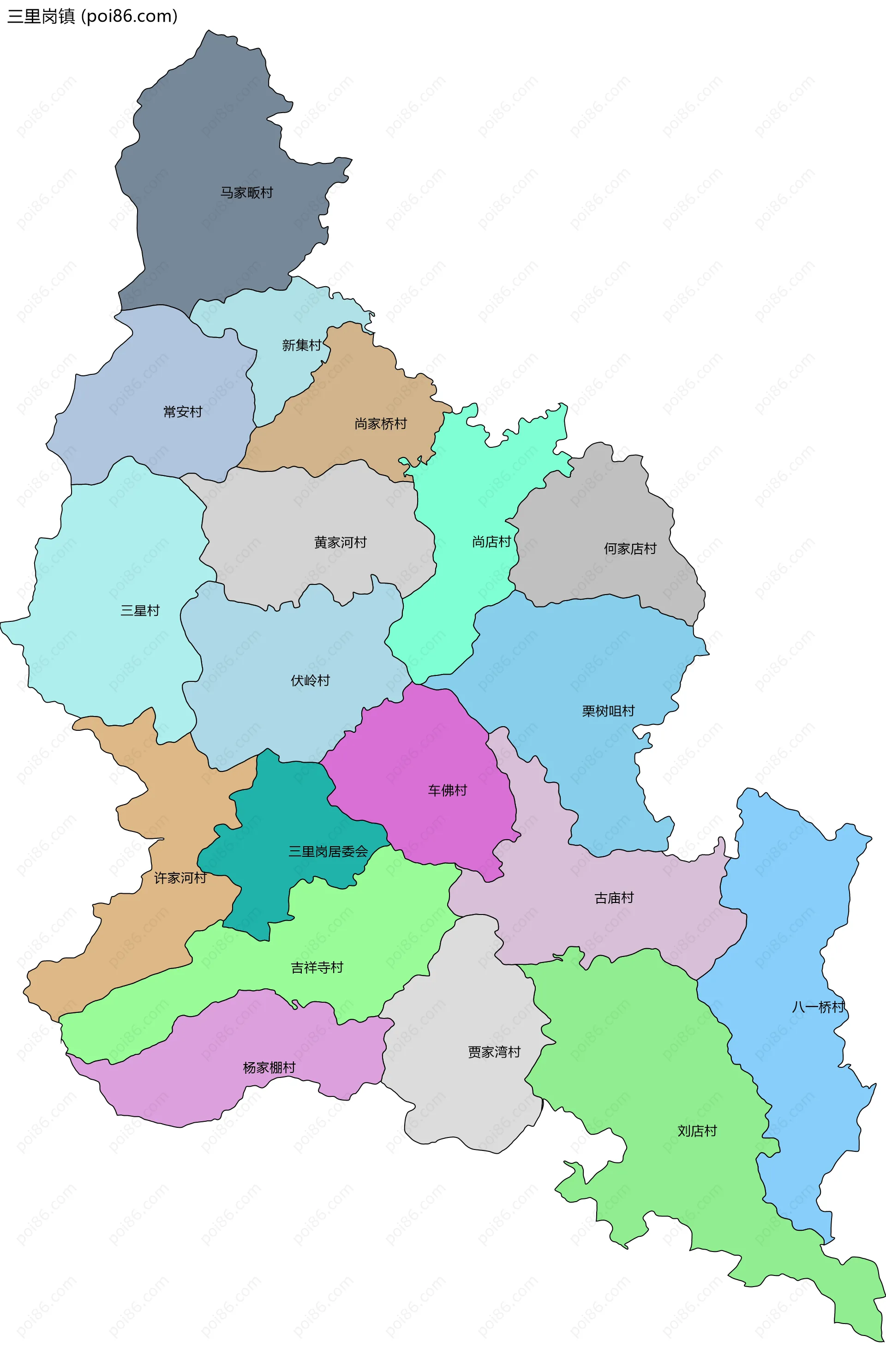 三里岗镇边界地图(五级行政区划)