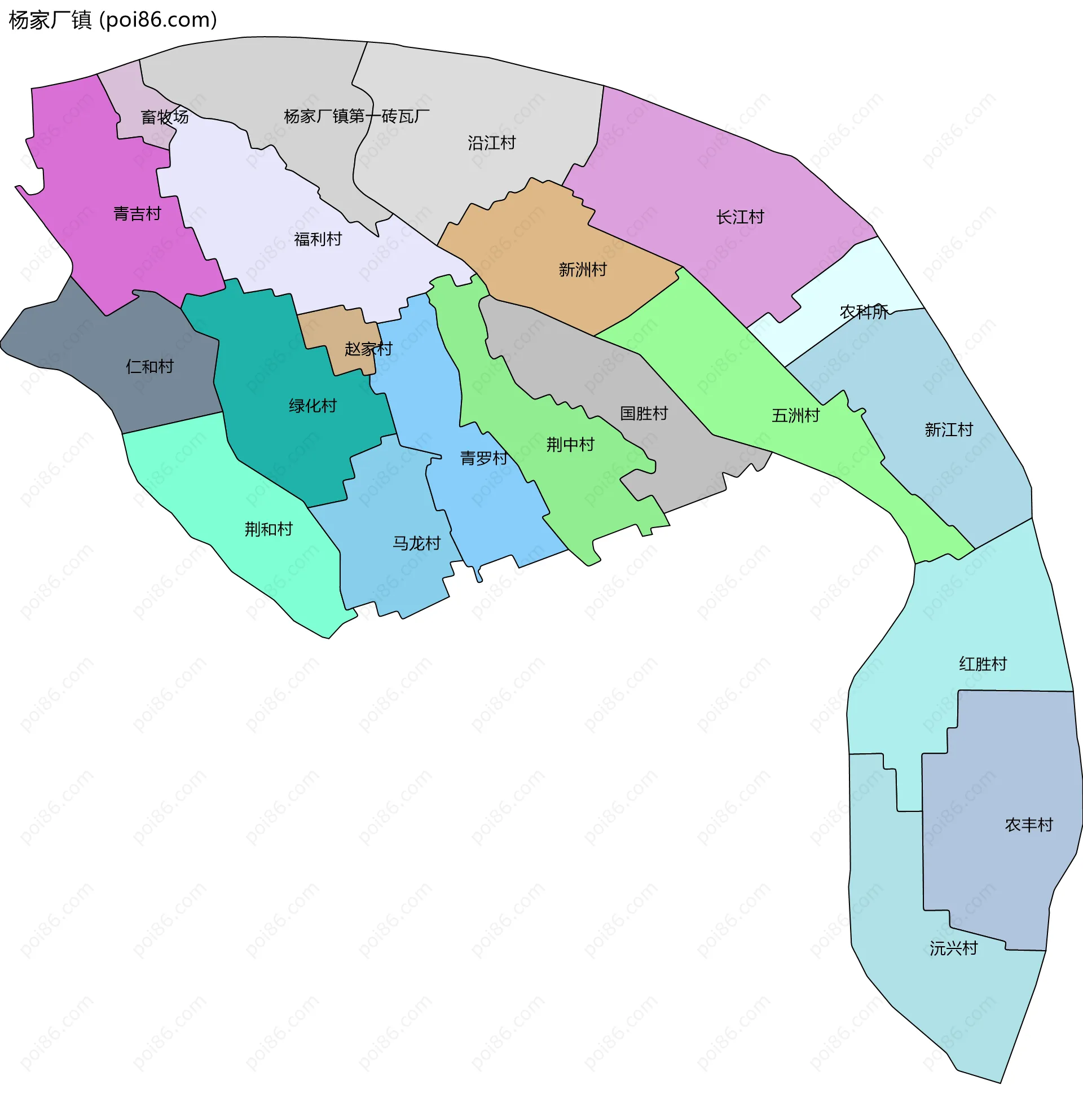 杨家厂镇边界地图(五级行政区划)