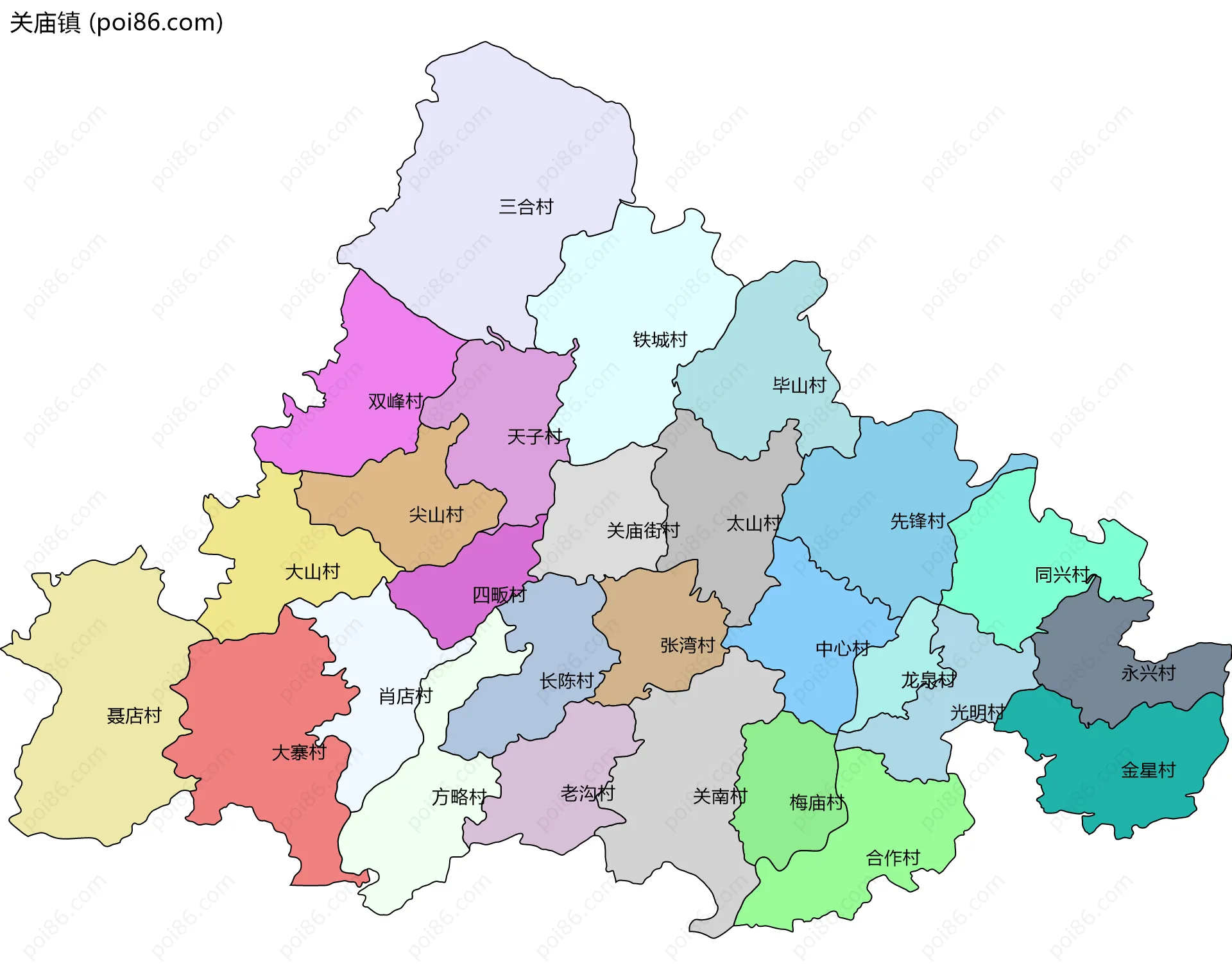 关庙镇边界地图(五级行政区划)