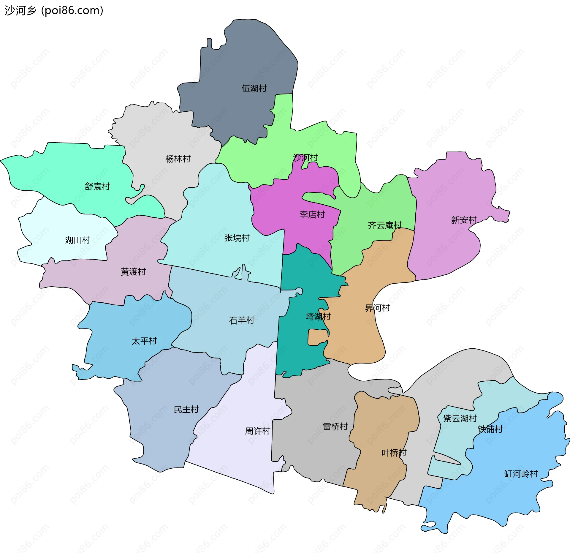 沙河乡边界地图(五级行政区划)