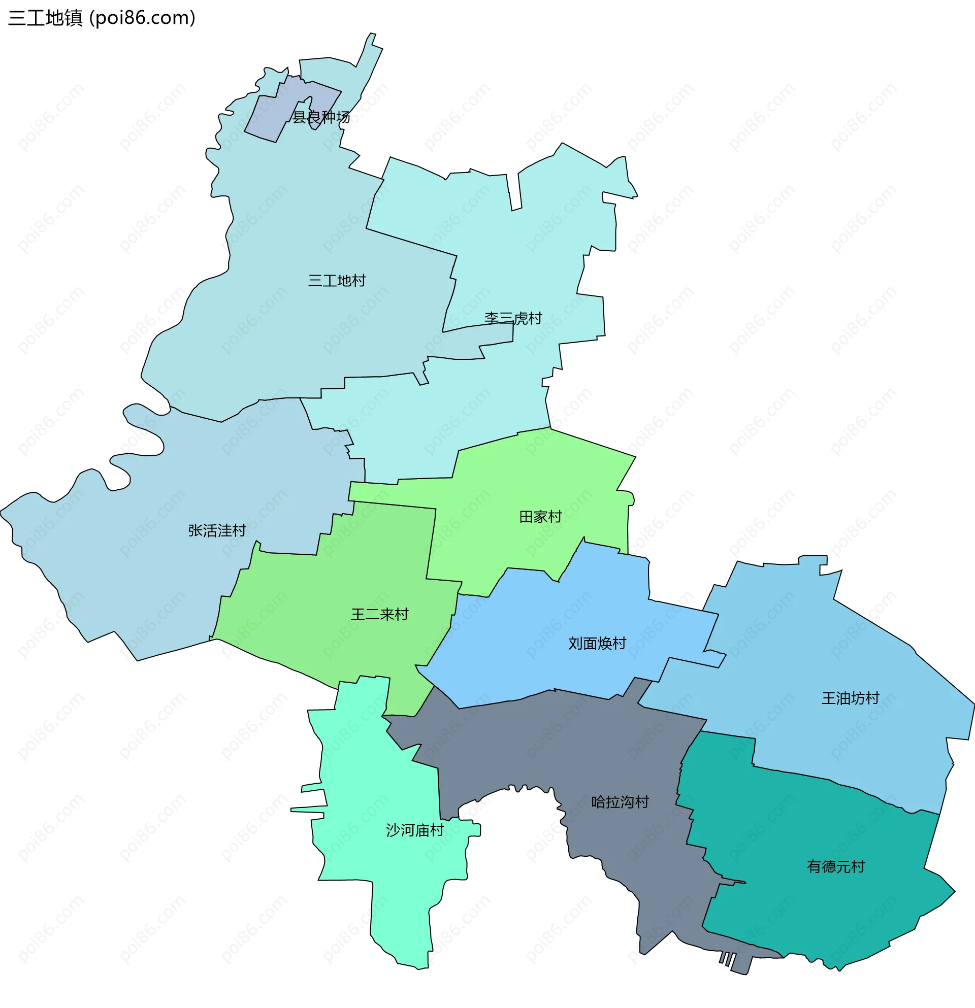 三工地镇边界地图(五级行政区划)