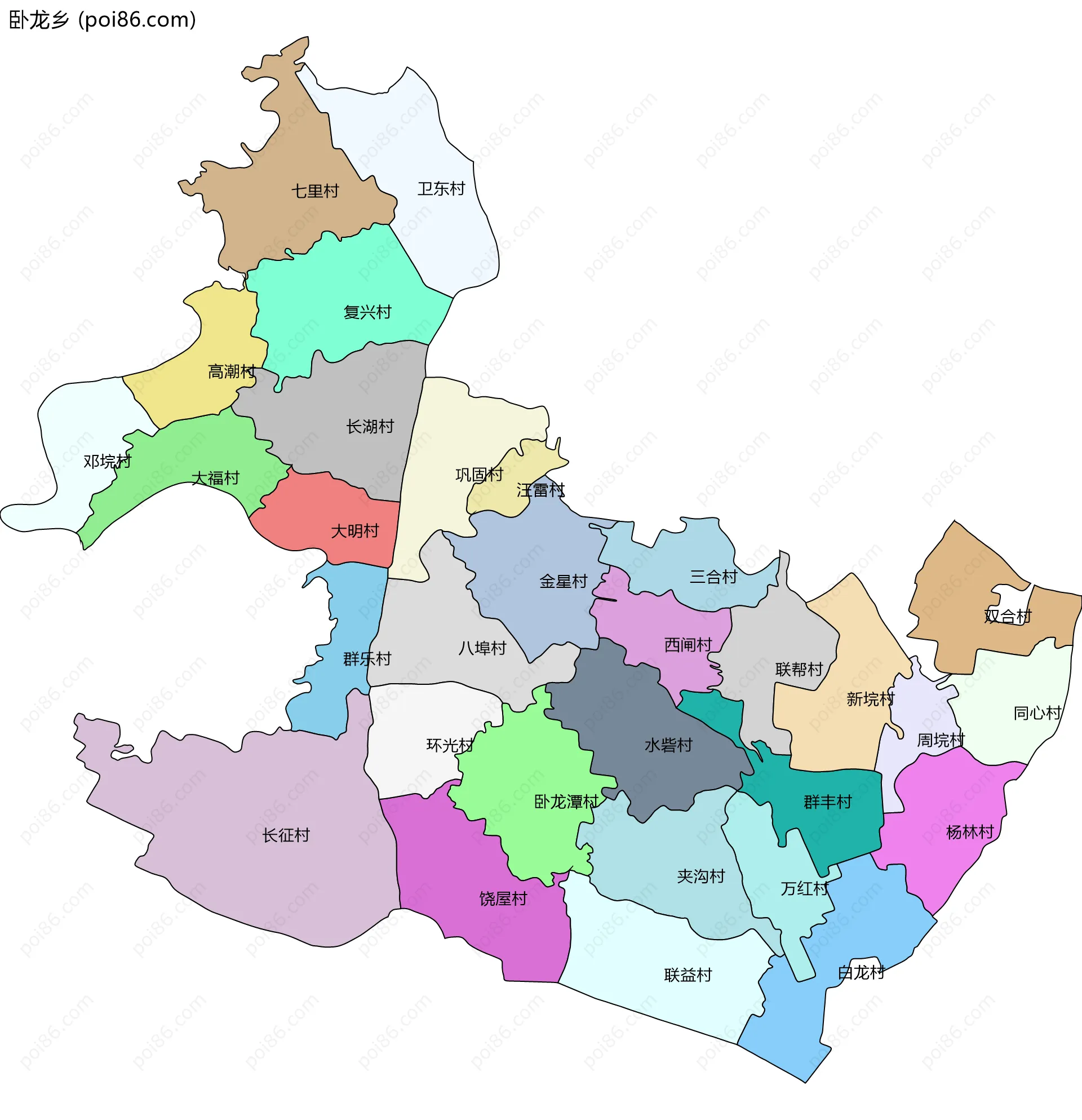 卧龙乡边界地图(五级行政区划)