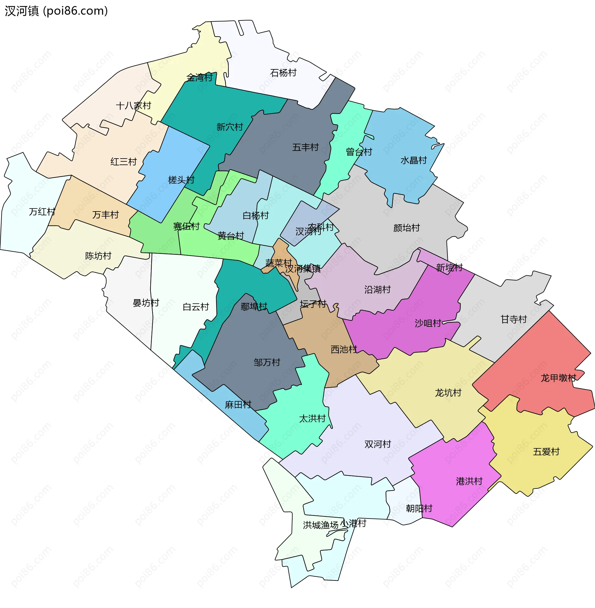 汊河镇边界地图(五级行政区划)