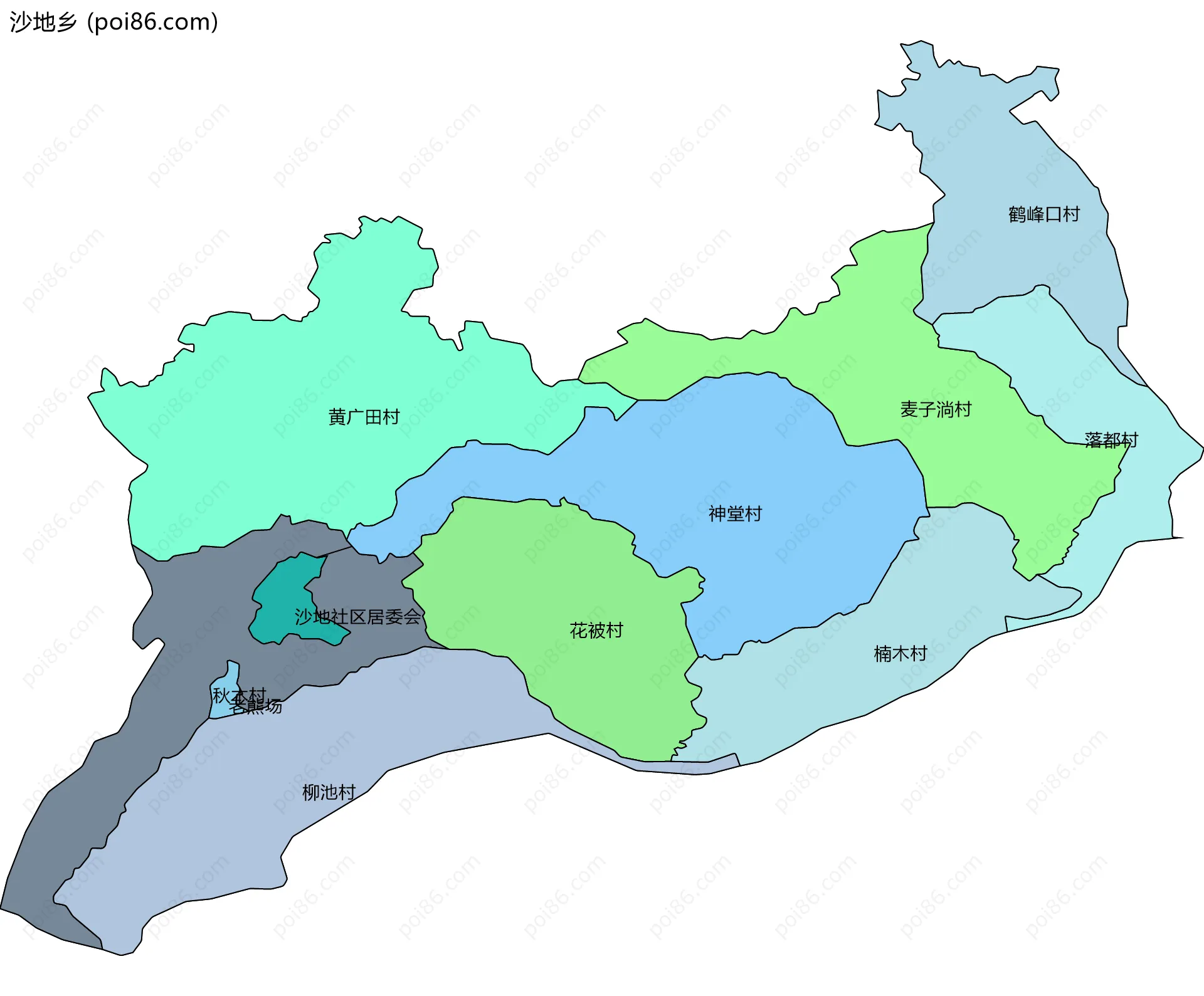 沙地乡边界地图(五级行政区划)