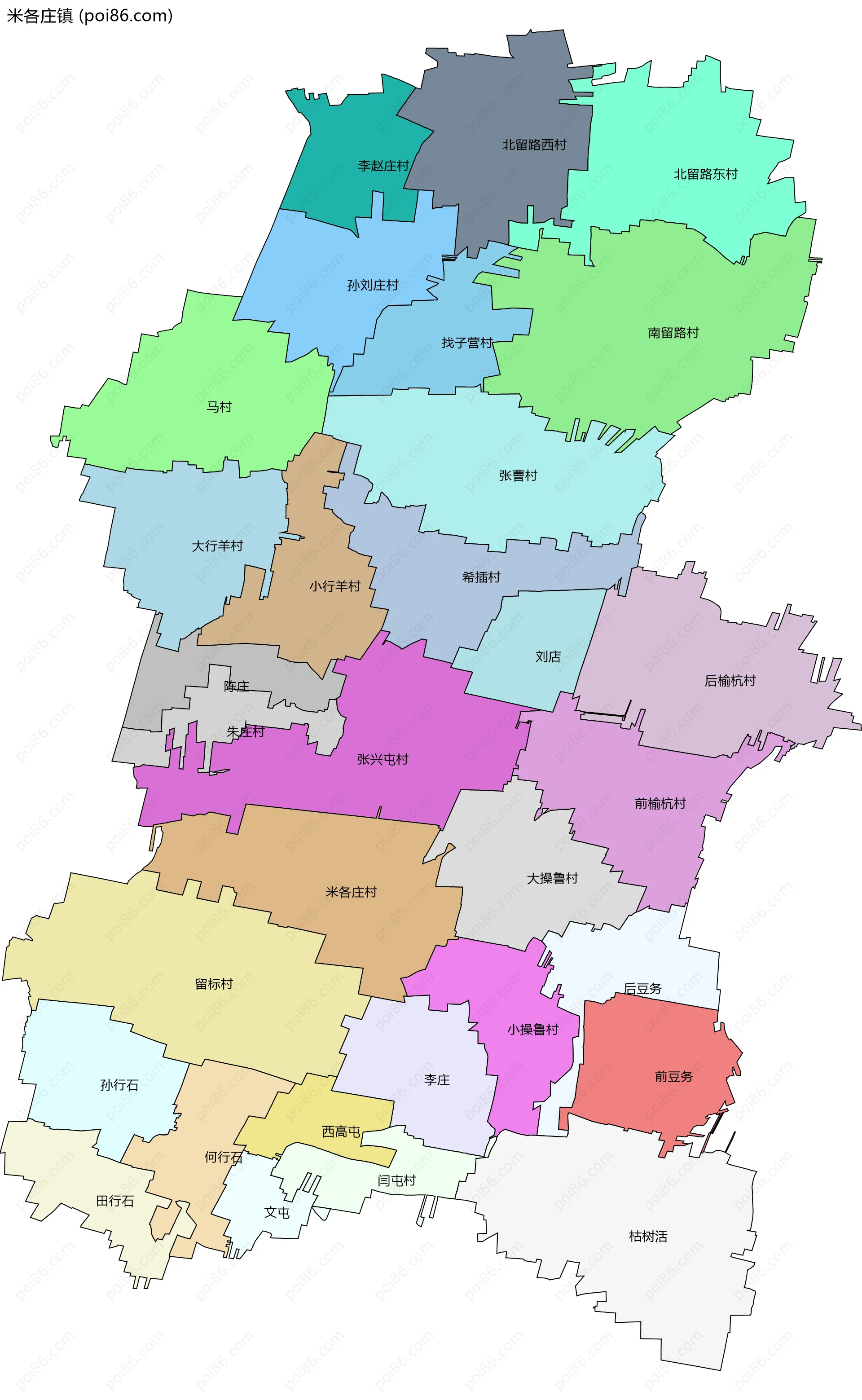 米各庄镇边界地图(五级行政区划)