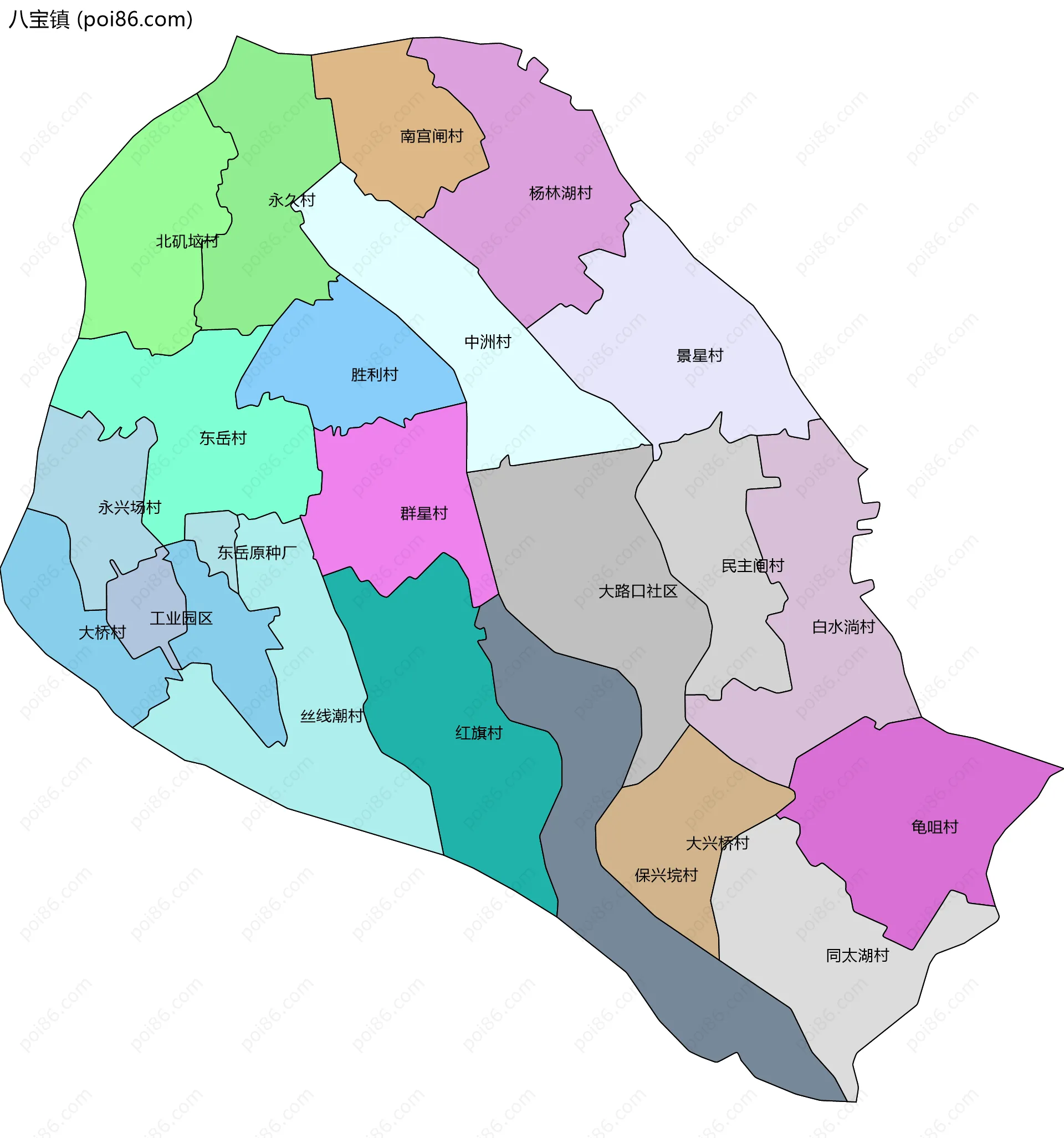 八宝镇边界地图(五级行政区划)