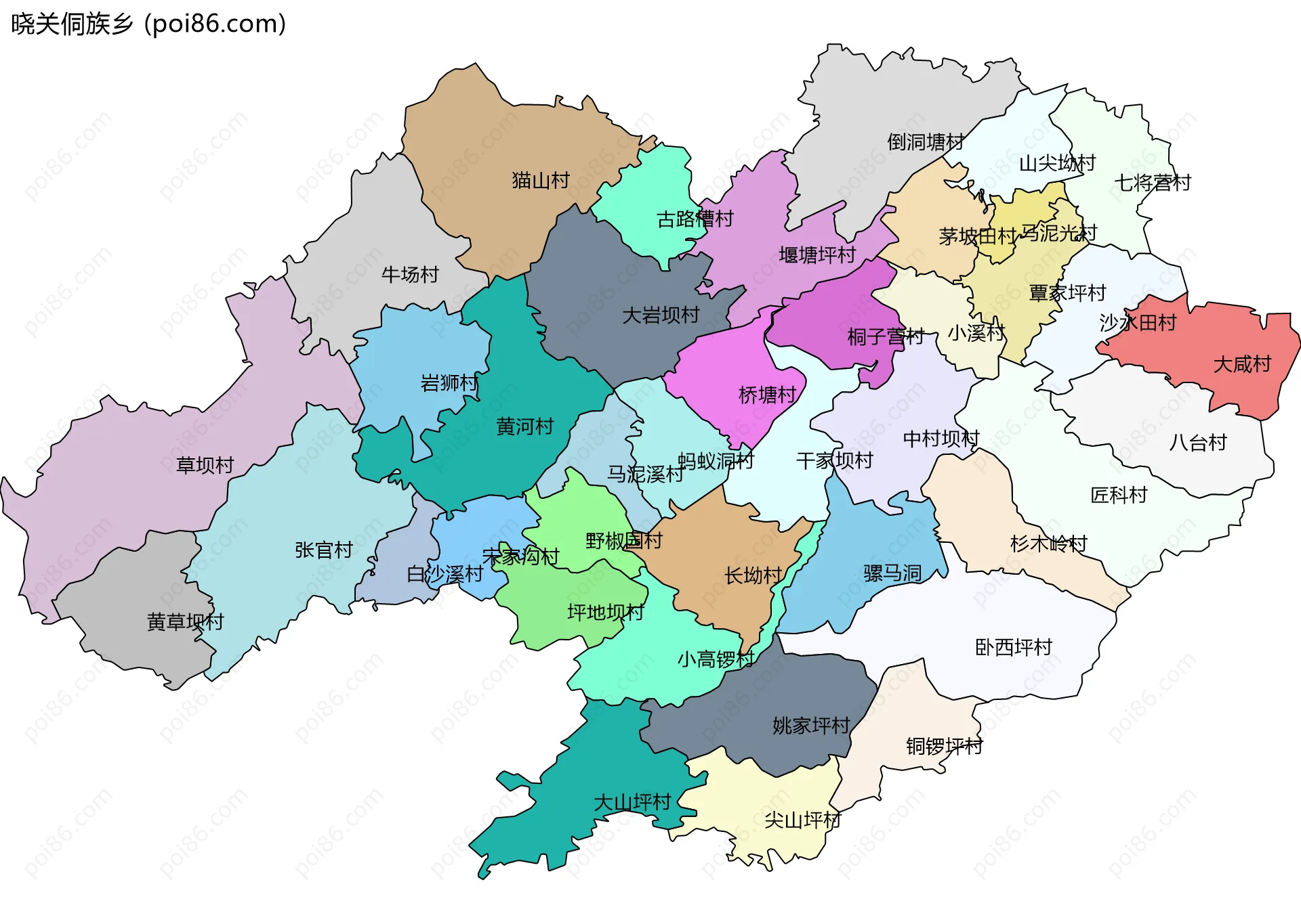晓关侗族乡边界地图(五级行政区划)