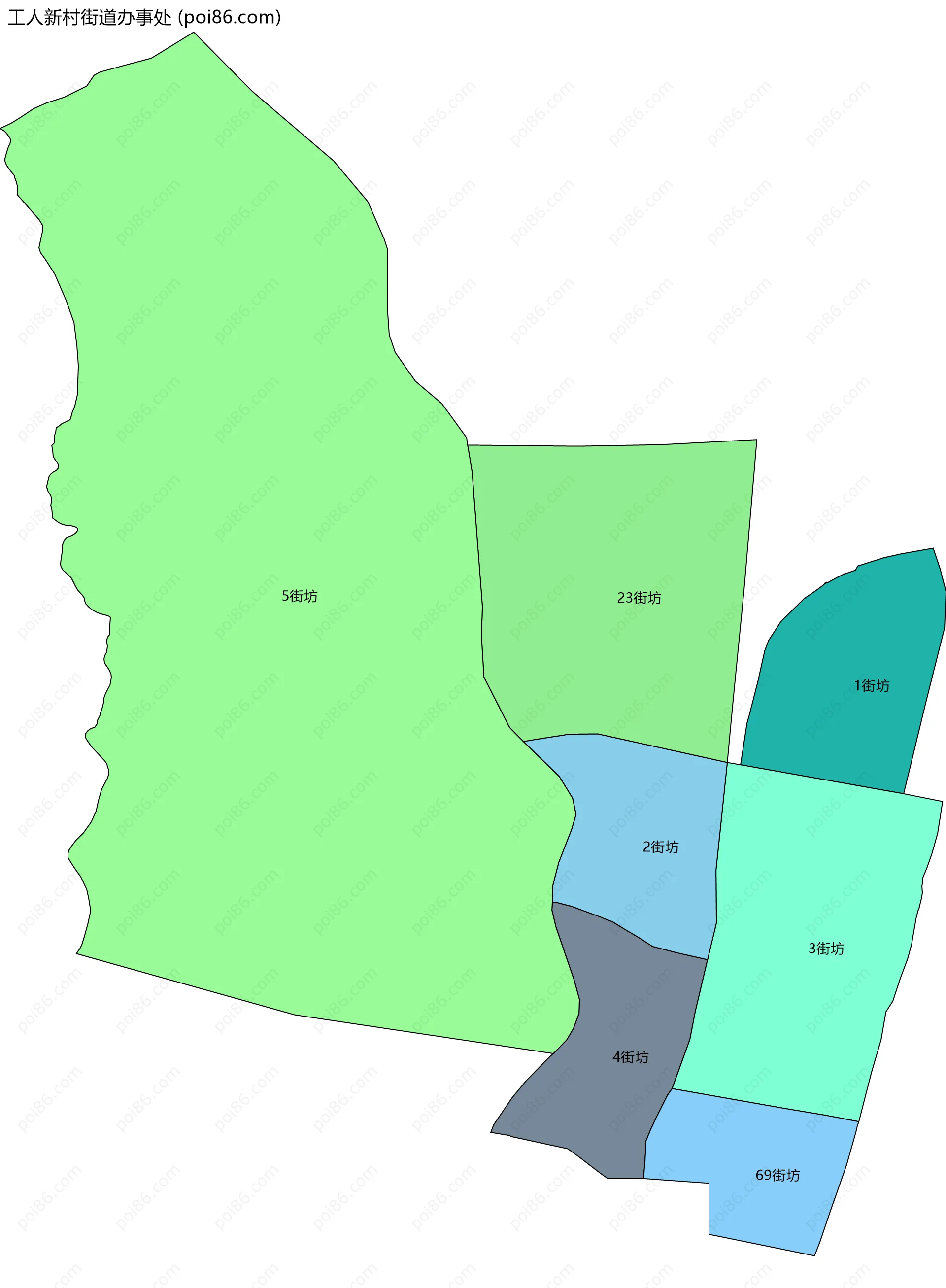工人新村街道办事处边界地图(五级行政区划)