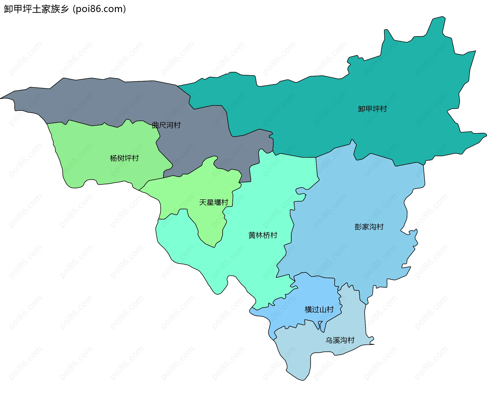 卸甲坪土家族乡边界地图(五级行政区划)
