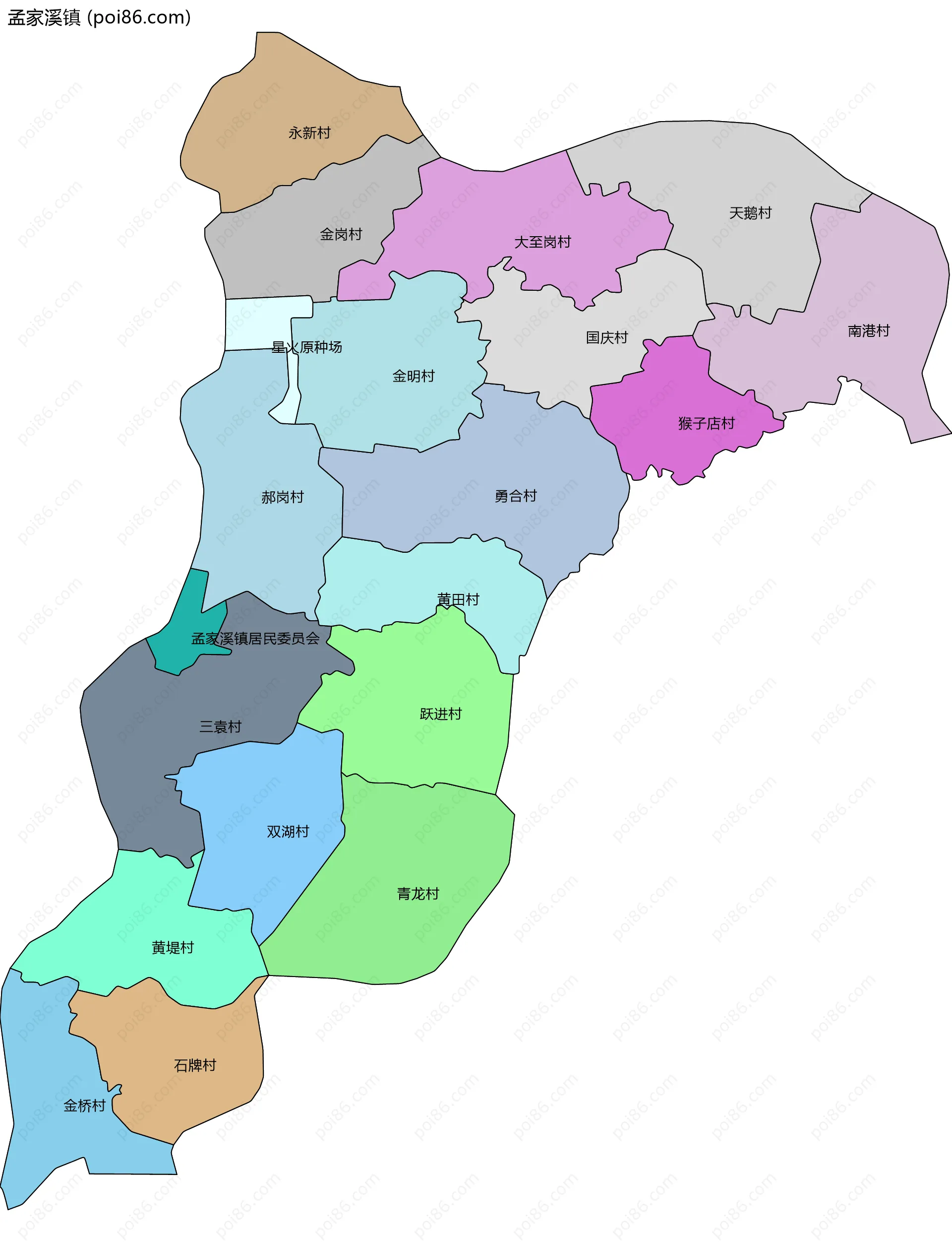 孟家溪镇边界地图(五级行政区划)