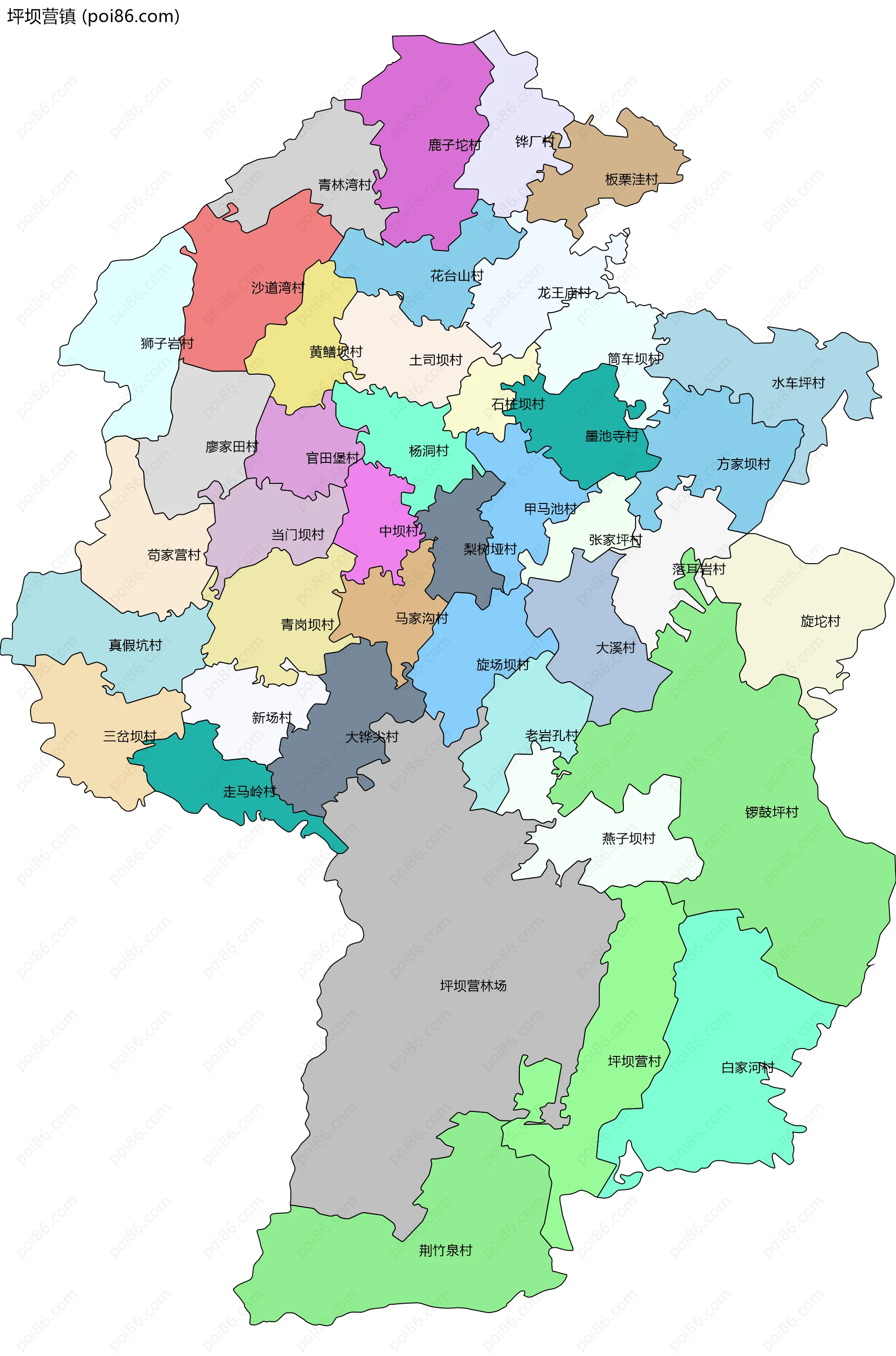 坪坝营镇边界地图(五级行政区划)