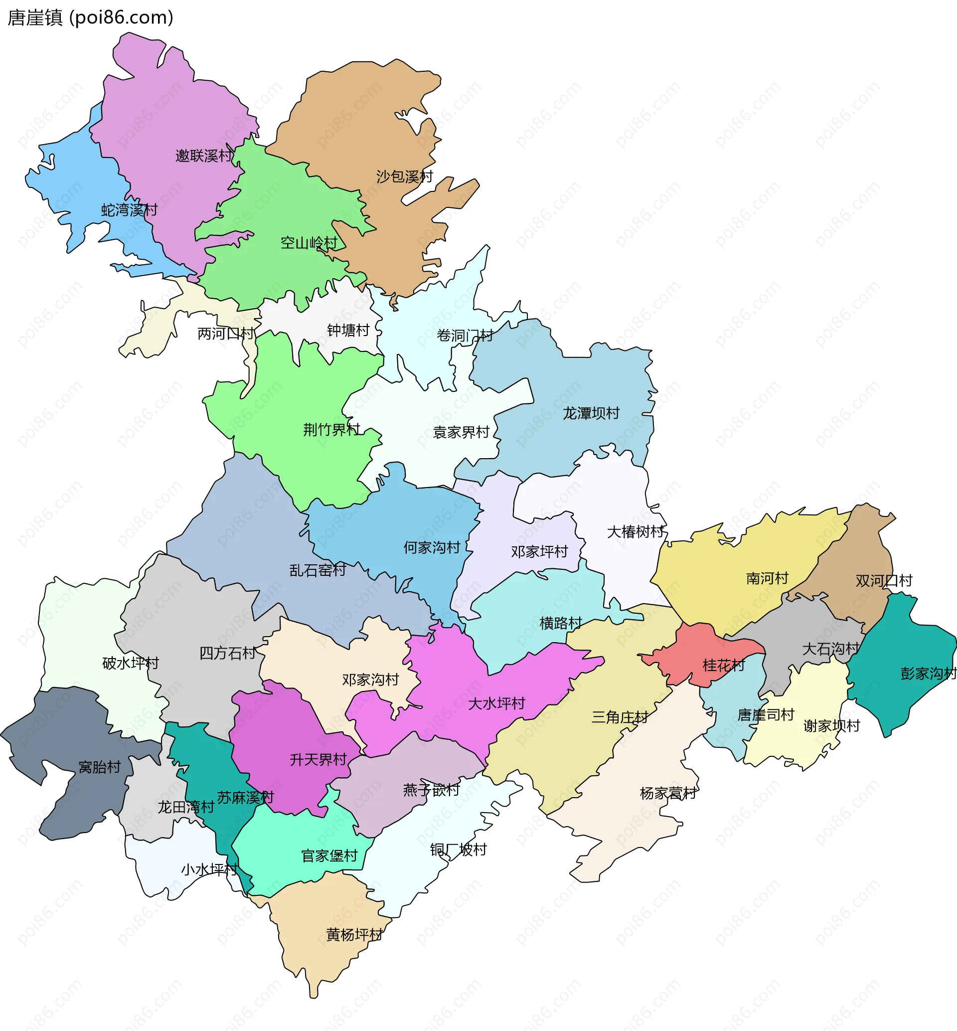 唐崖镇边界地图(五级行政区划)