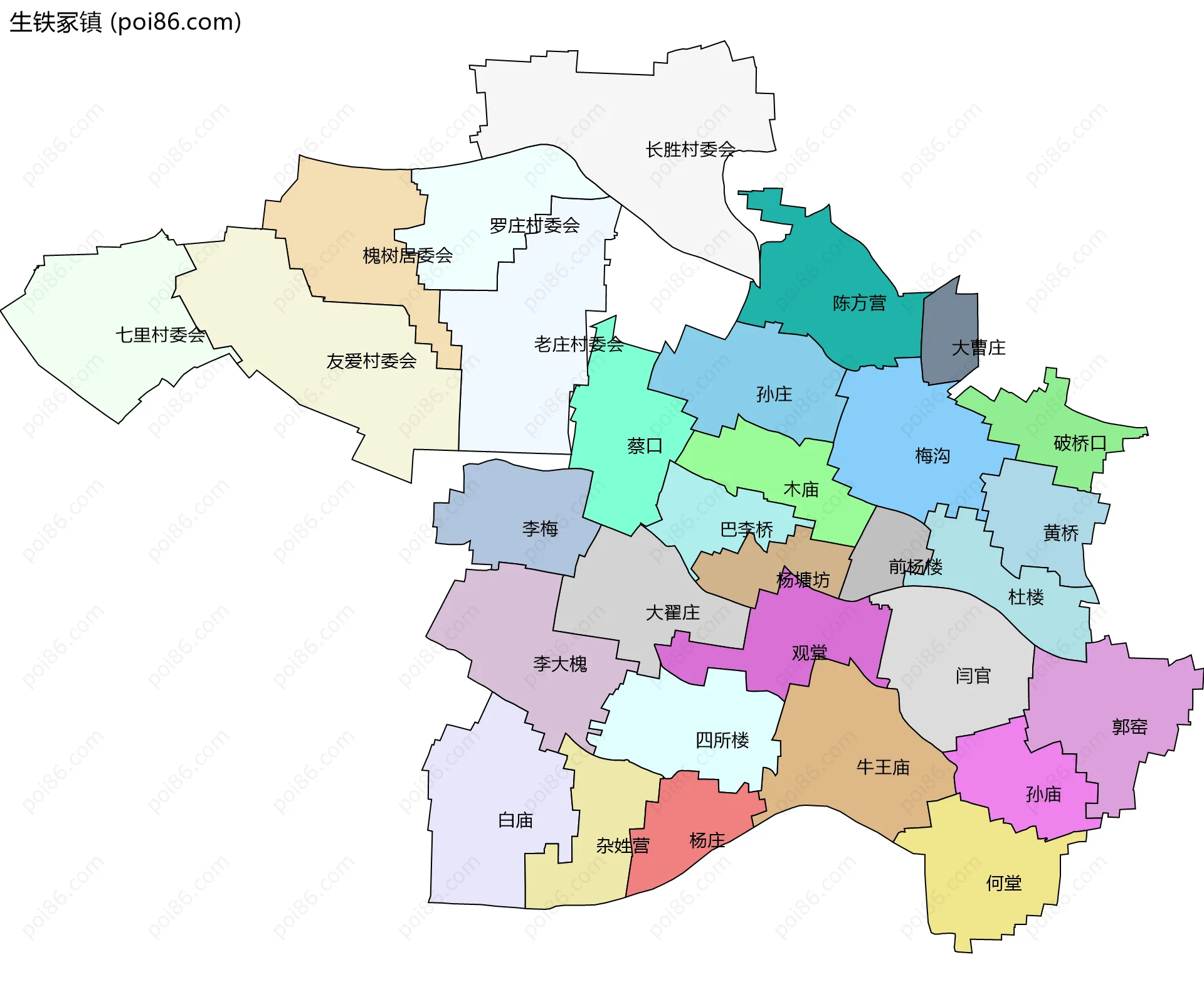 生铁冢镇边界地图(五级行政区划)
