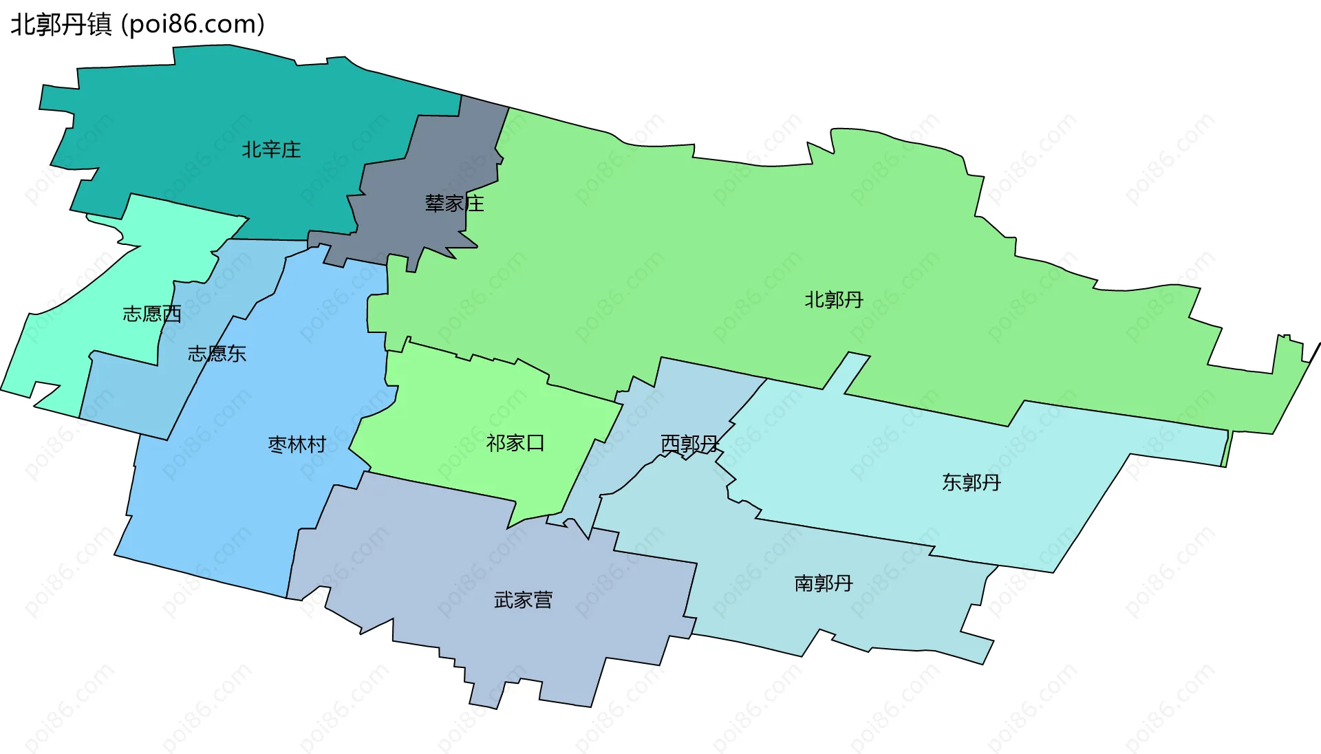 北郭丹镇边界地图(五级行政区划)