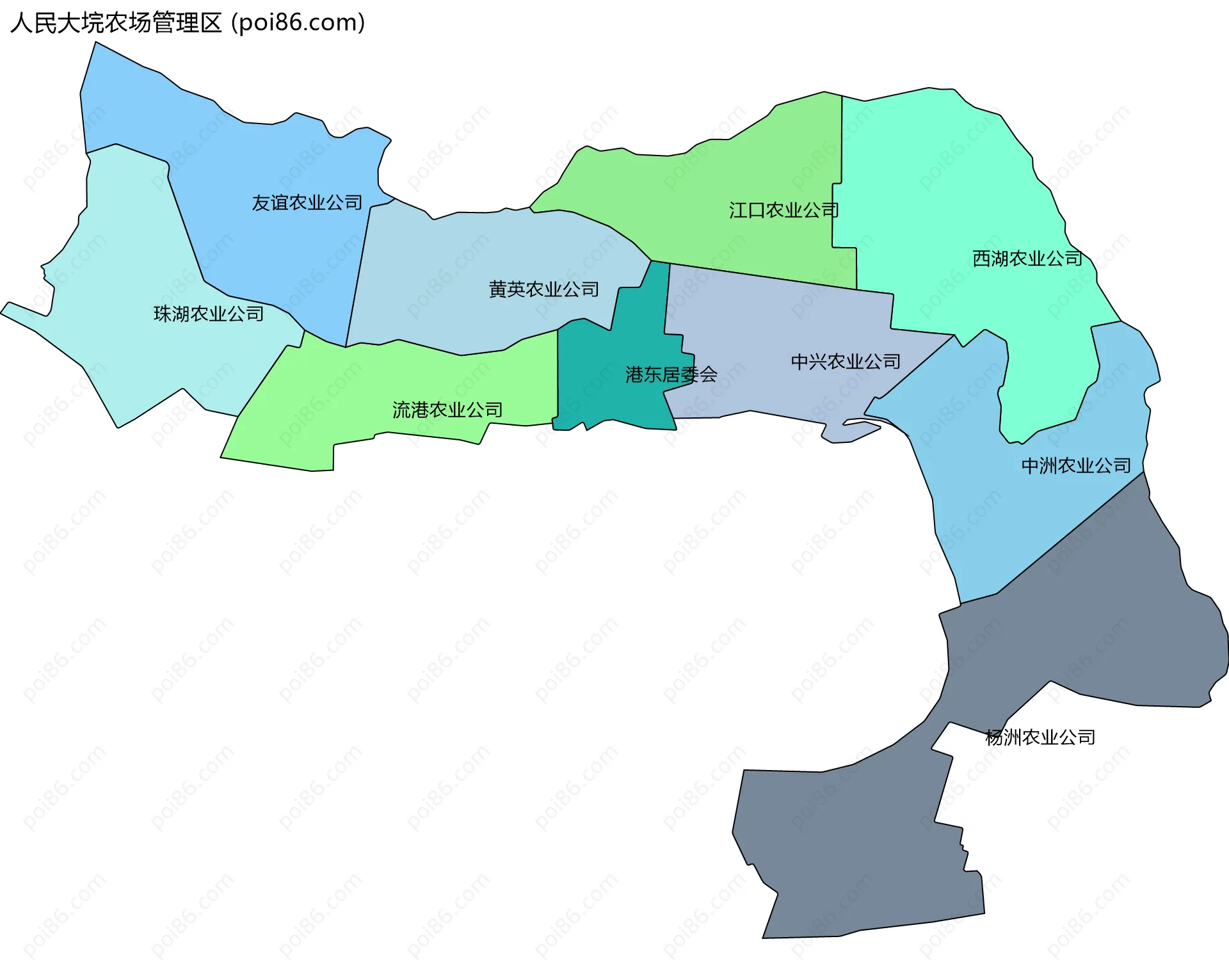 人民大垸农场管理区边界地图(五级行政区划)