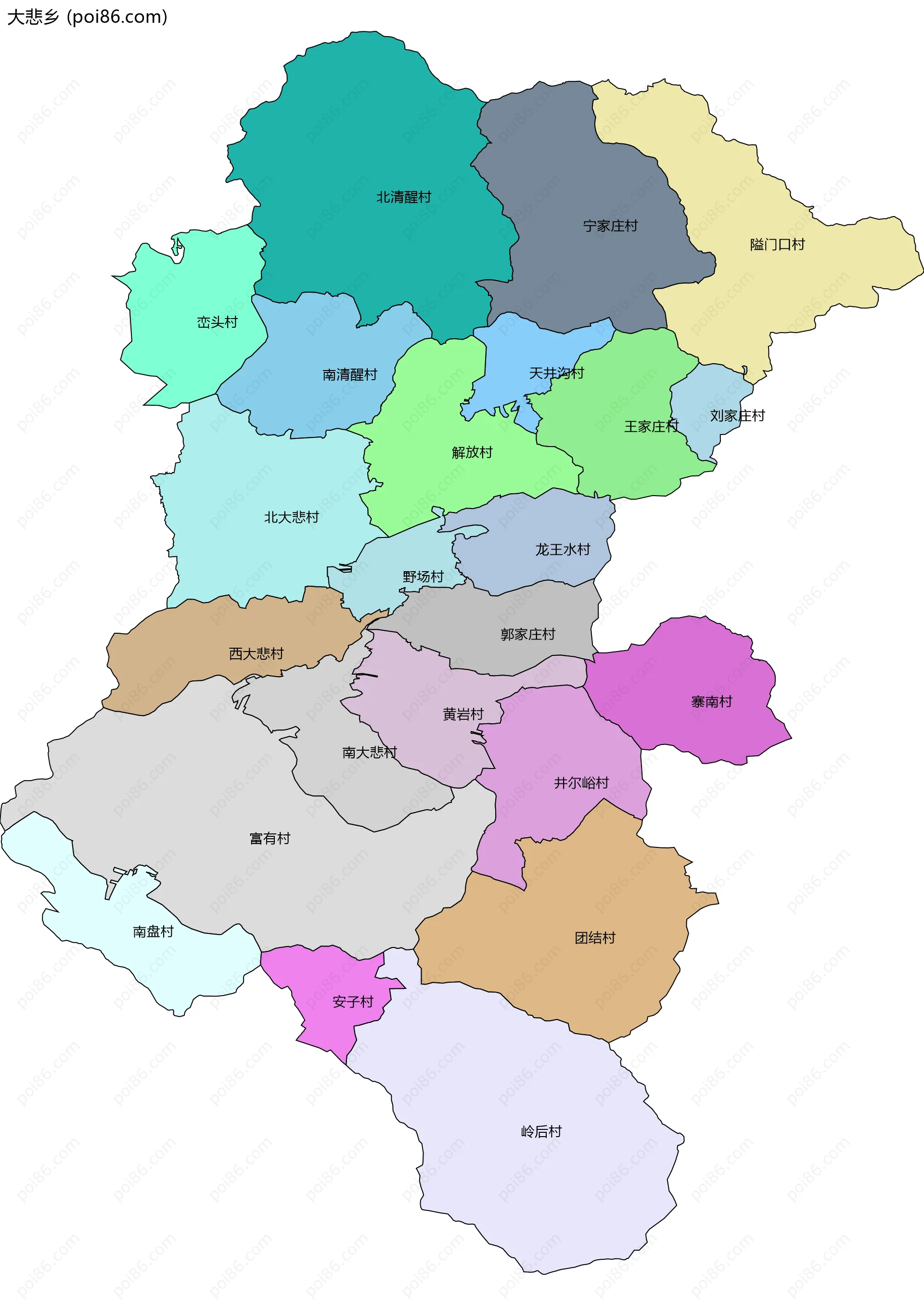 大悲乡边界地图(五级行政区划)