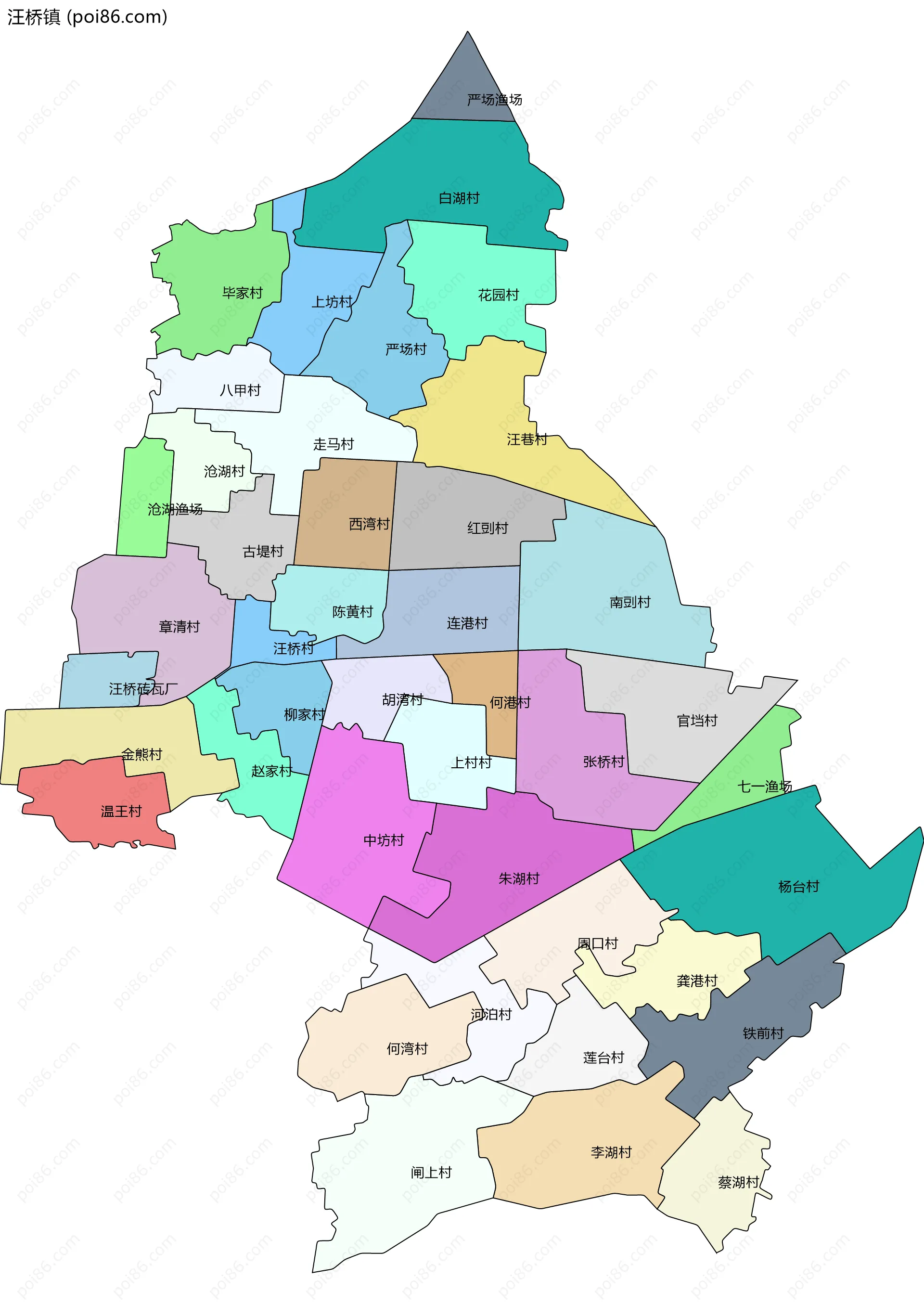 汪桥镇边界地图(五级行政区划)