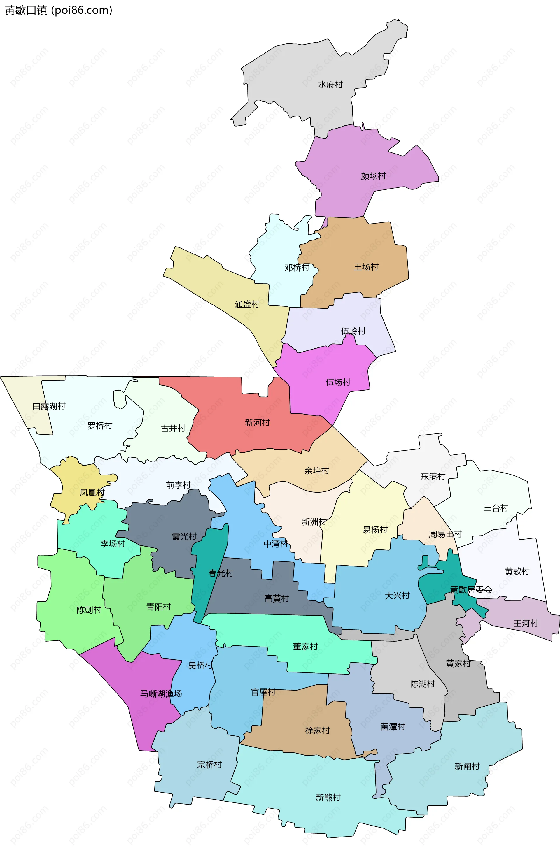 黄歇口镇边界地图(五级行政区划)