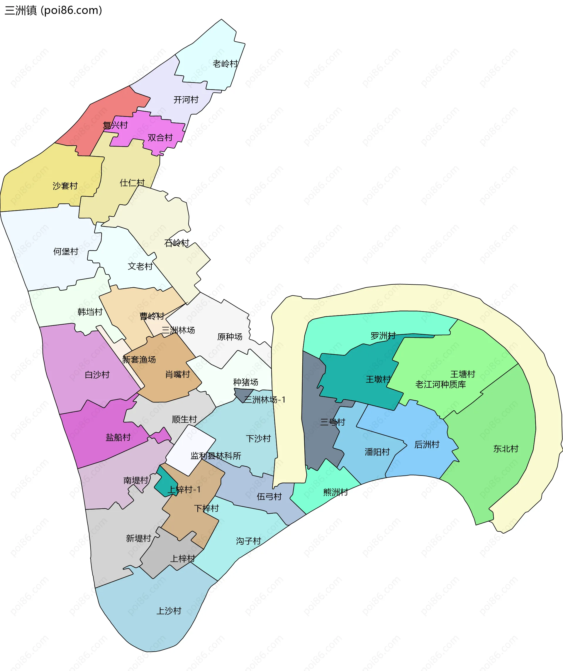三洲镇边界地图(五级行政区划)