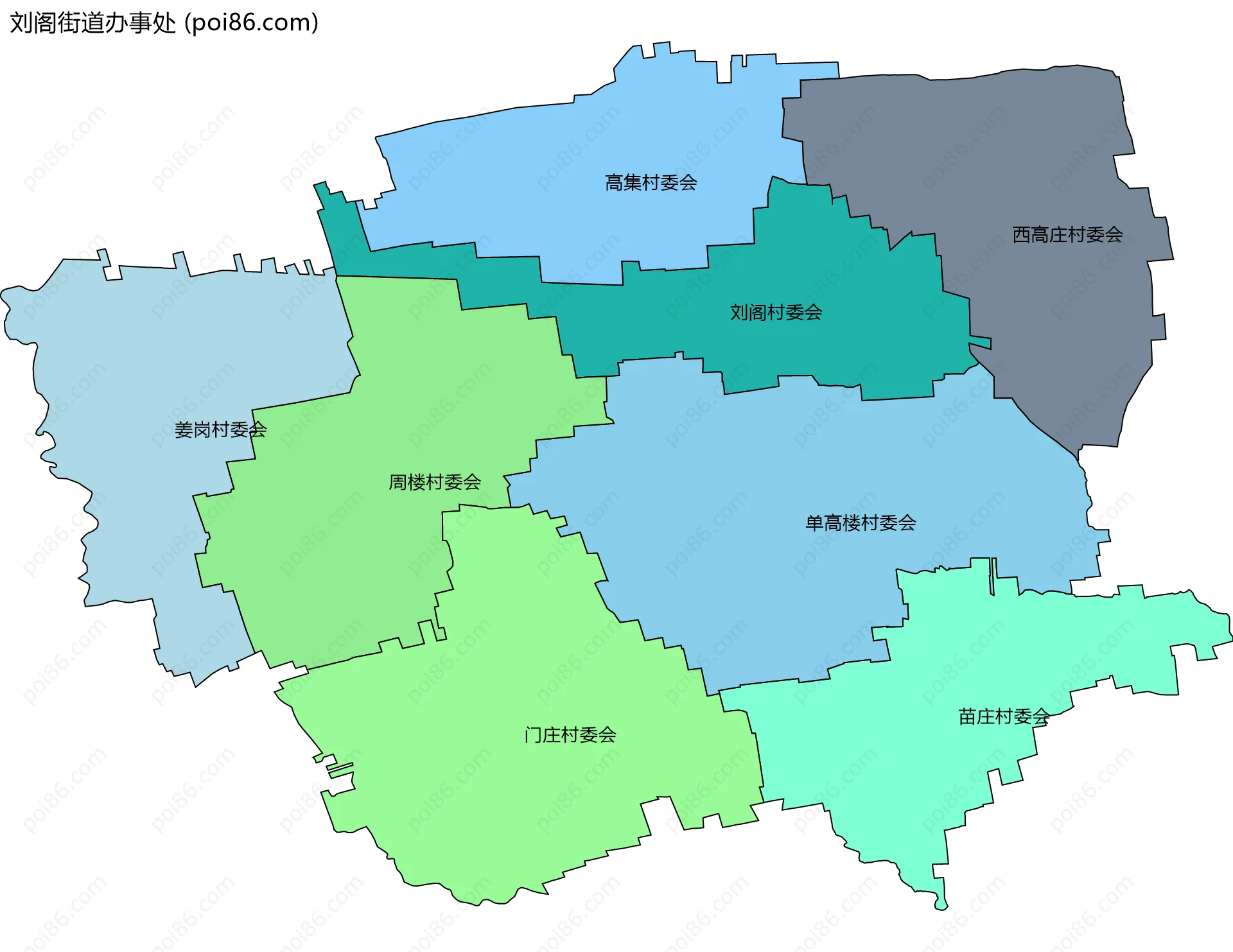 刘阁街道办事处边界地图(五级行政区划)