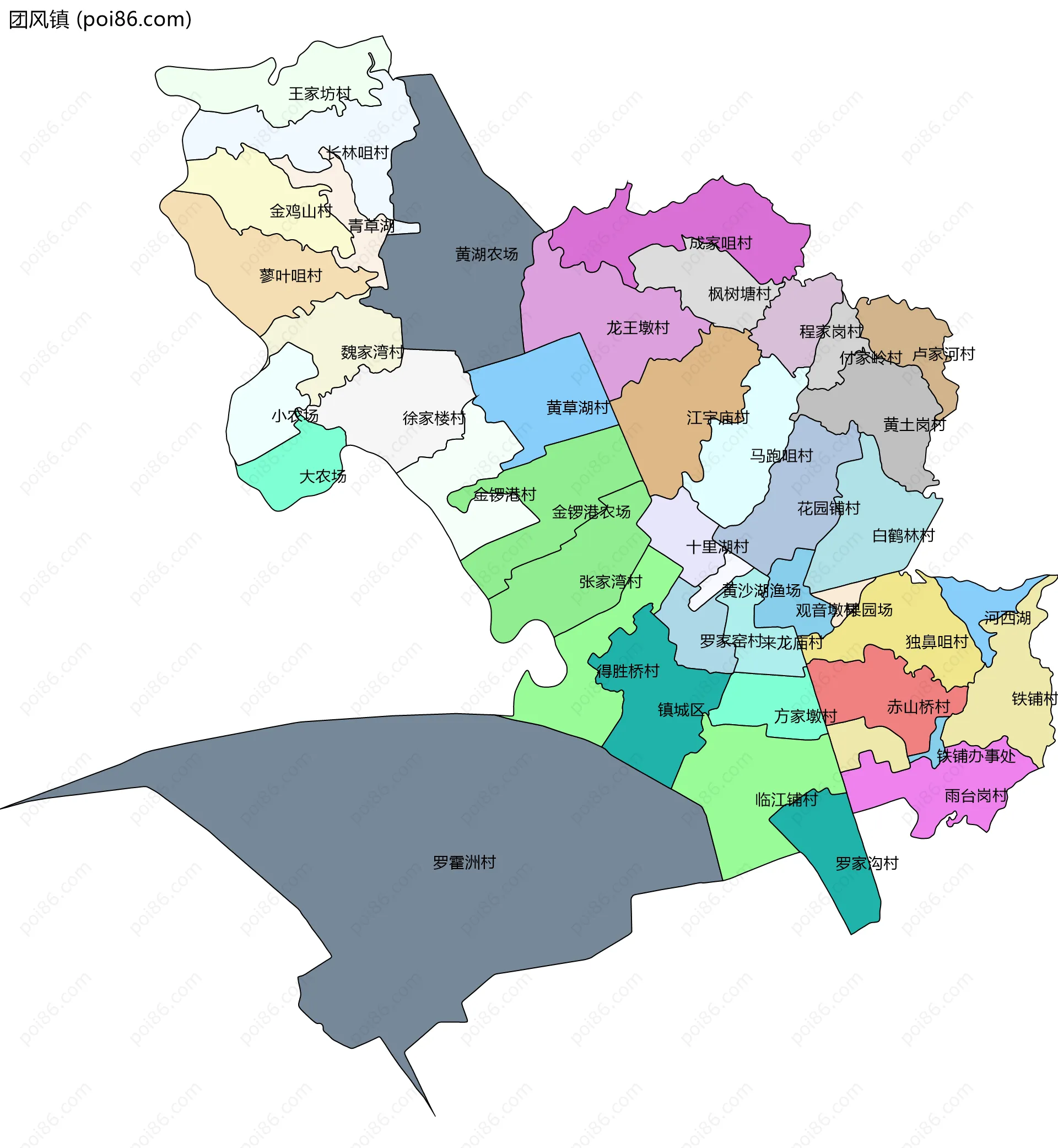 团风镇边界地图(五级行政区划)