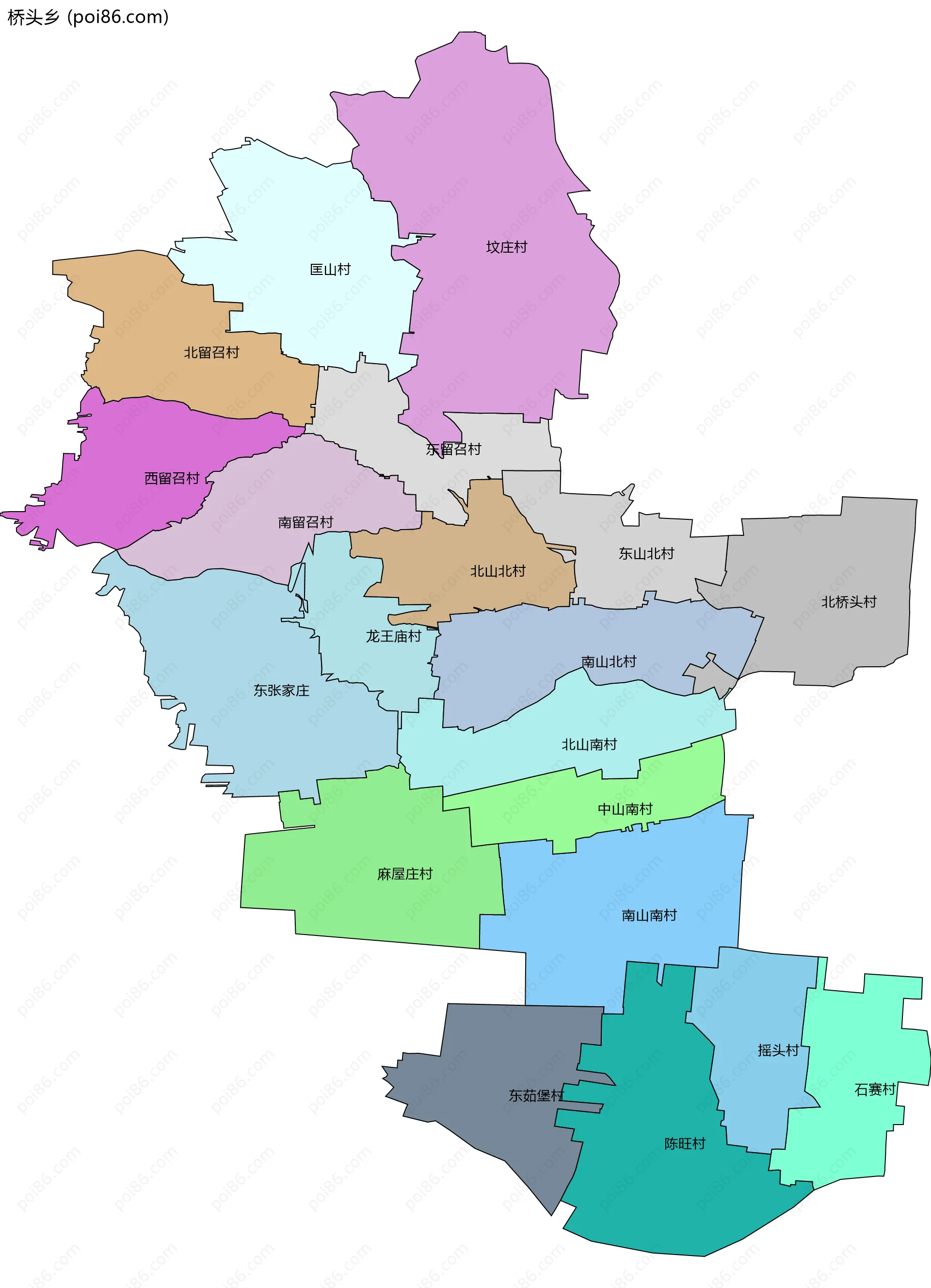 桥头乡边界地图(五级行政区划)