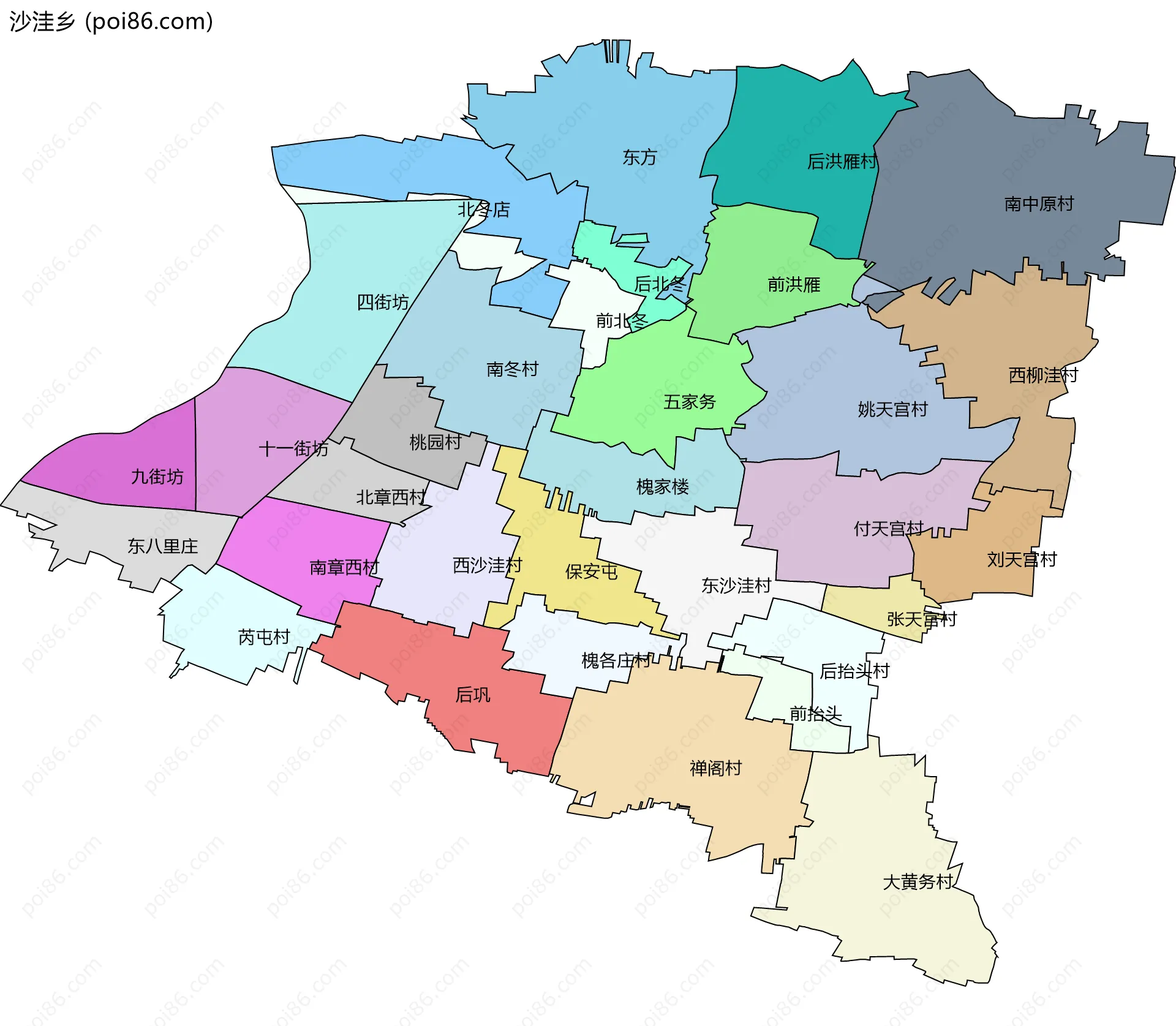 沙洼乡边界地图(五级行政区划)