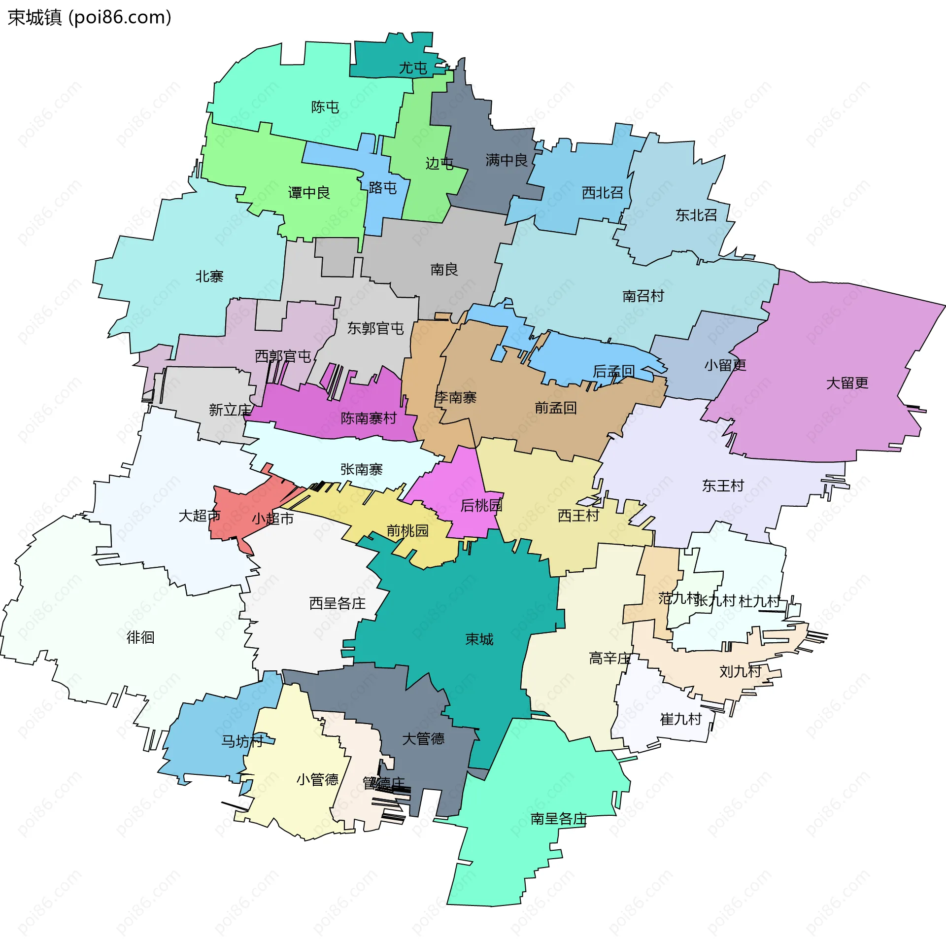 束城镇边界地图(五级行政区划)