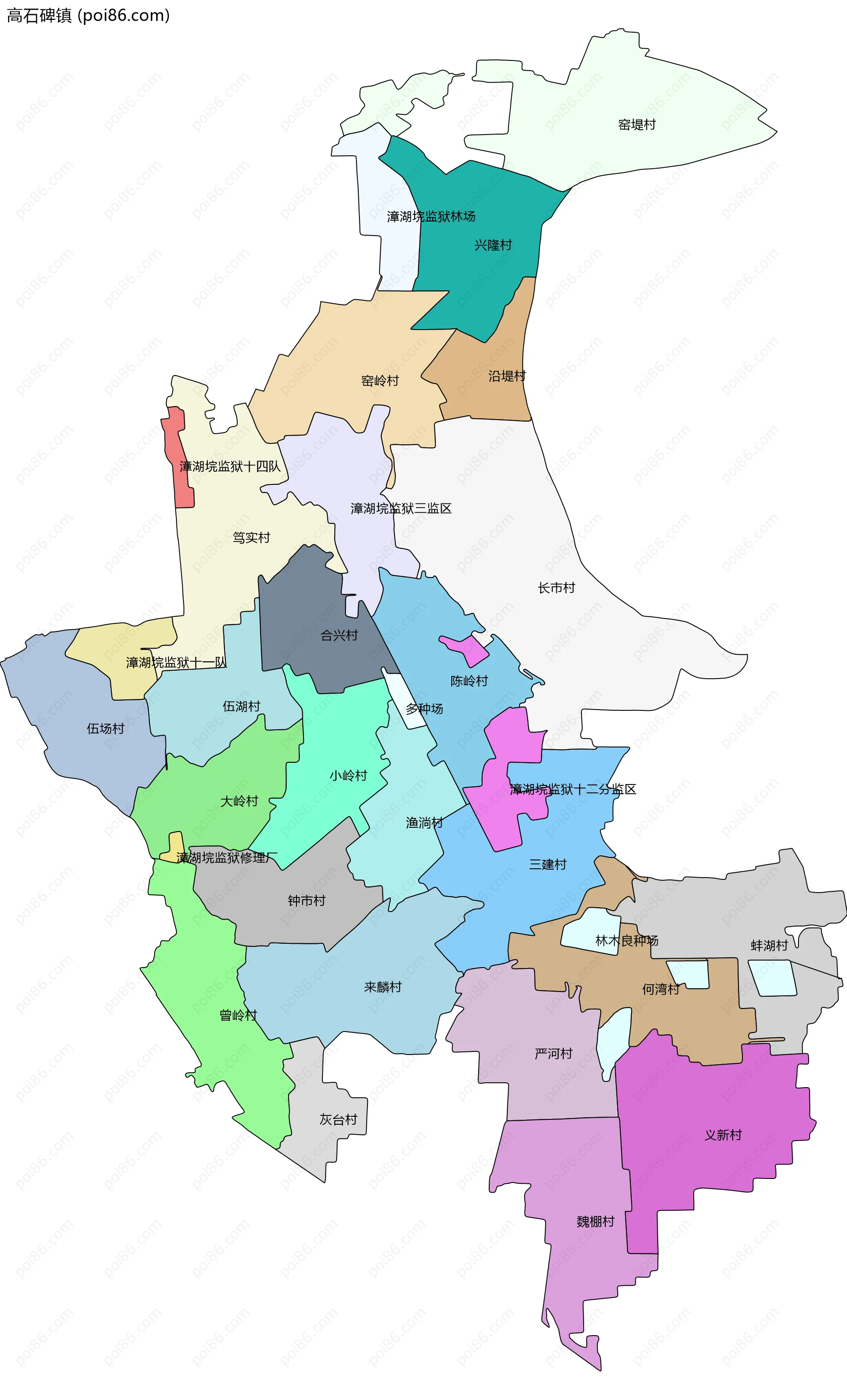 高石碑镇边界地图(五级行政区划)