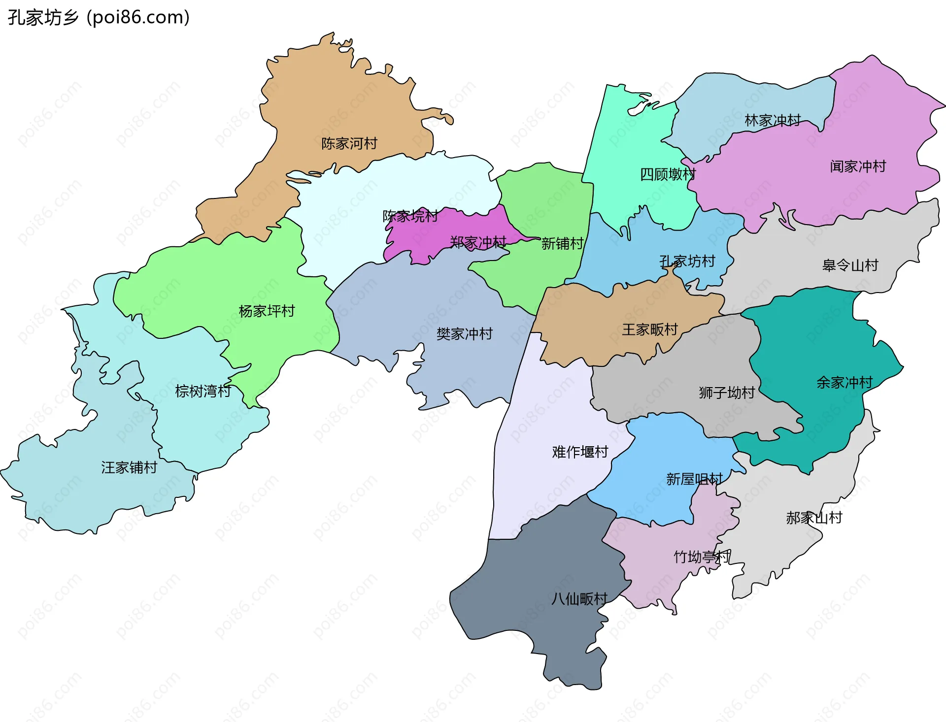 孔家坊乡边界地图(五级行政区划)