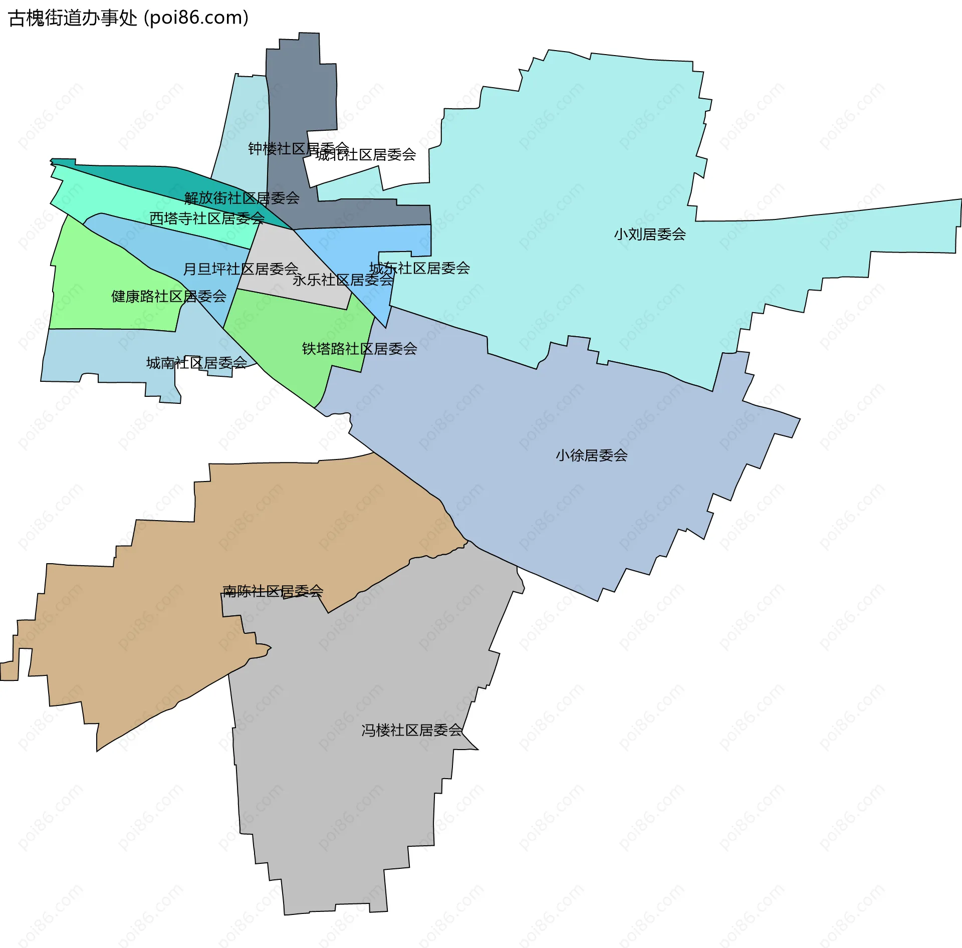 古槐街道办事处边界地图(五级行政区划)