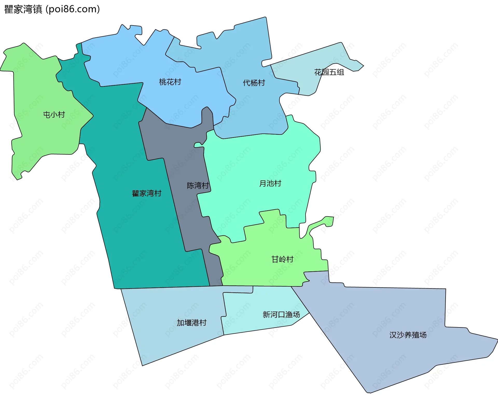 瞿家湾镇边界地图(五级行政区划)