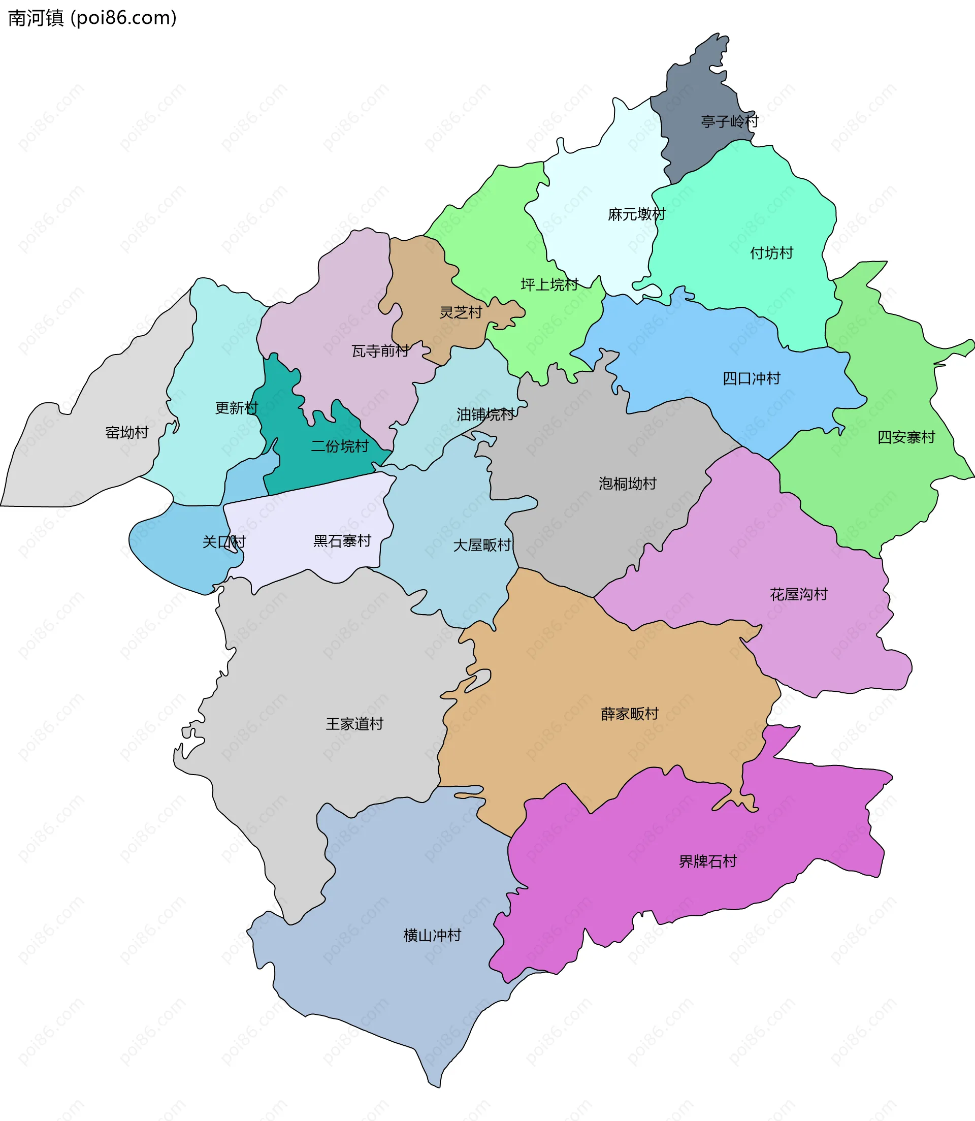 南河镇边界地图(五级行政区划)