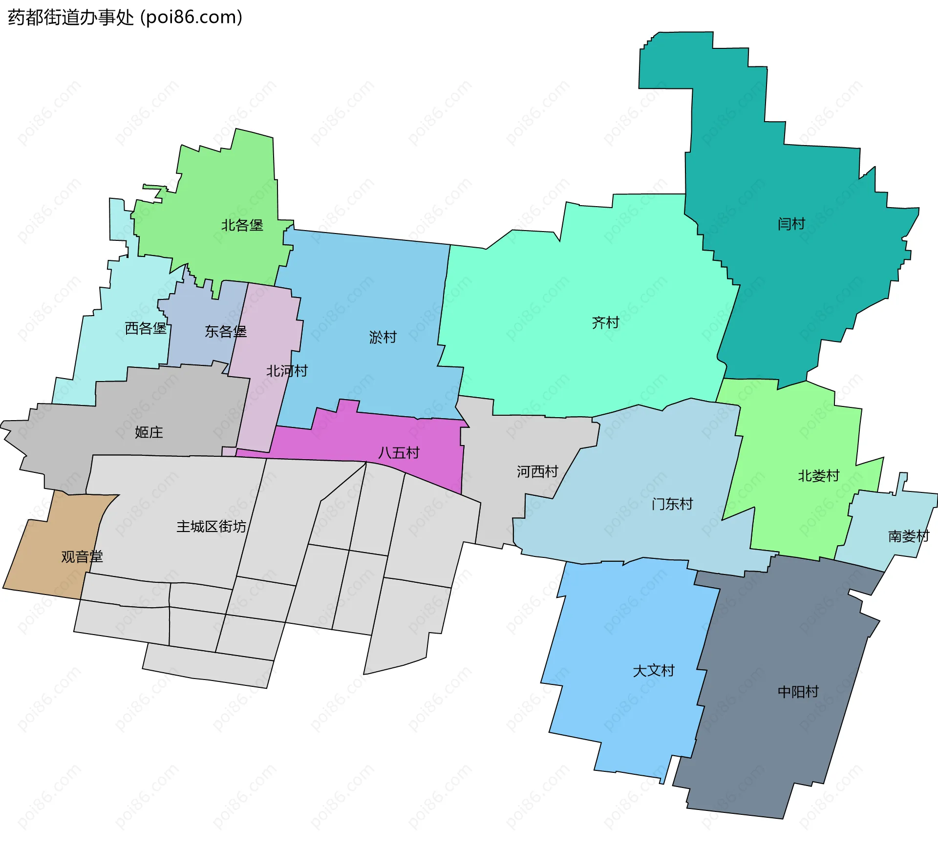 药都街道办事处边界地图(五级行政区划)