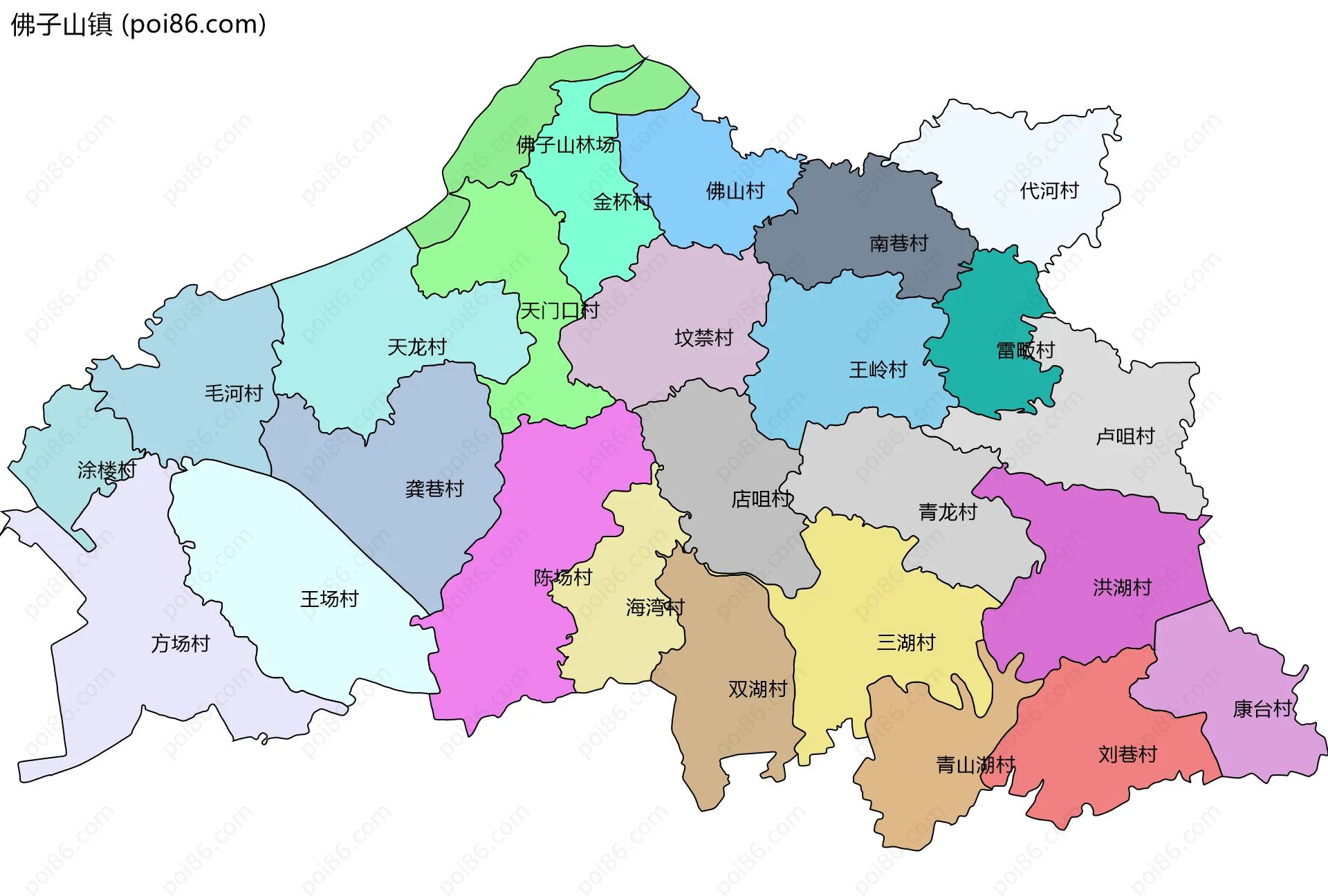 佛子山镇边界地图(五级行政区划)